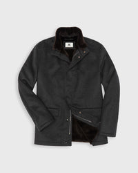 A dark charcoal gray cashmere jacket with a brown beaver fur lining and removable collar, shown on a light gray background.