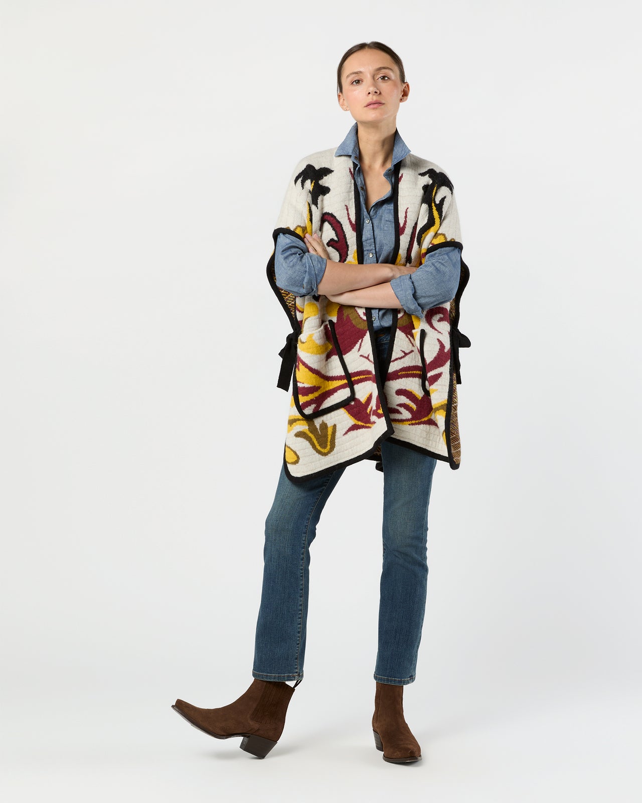 In My Power Knit Scarf Cape in Ecru/Green/Black Wool Blend