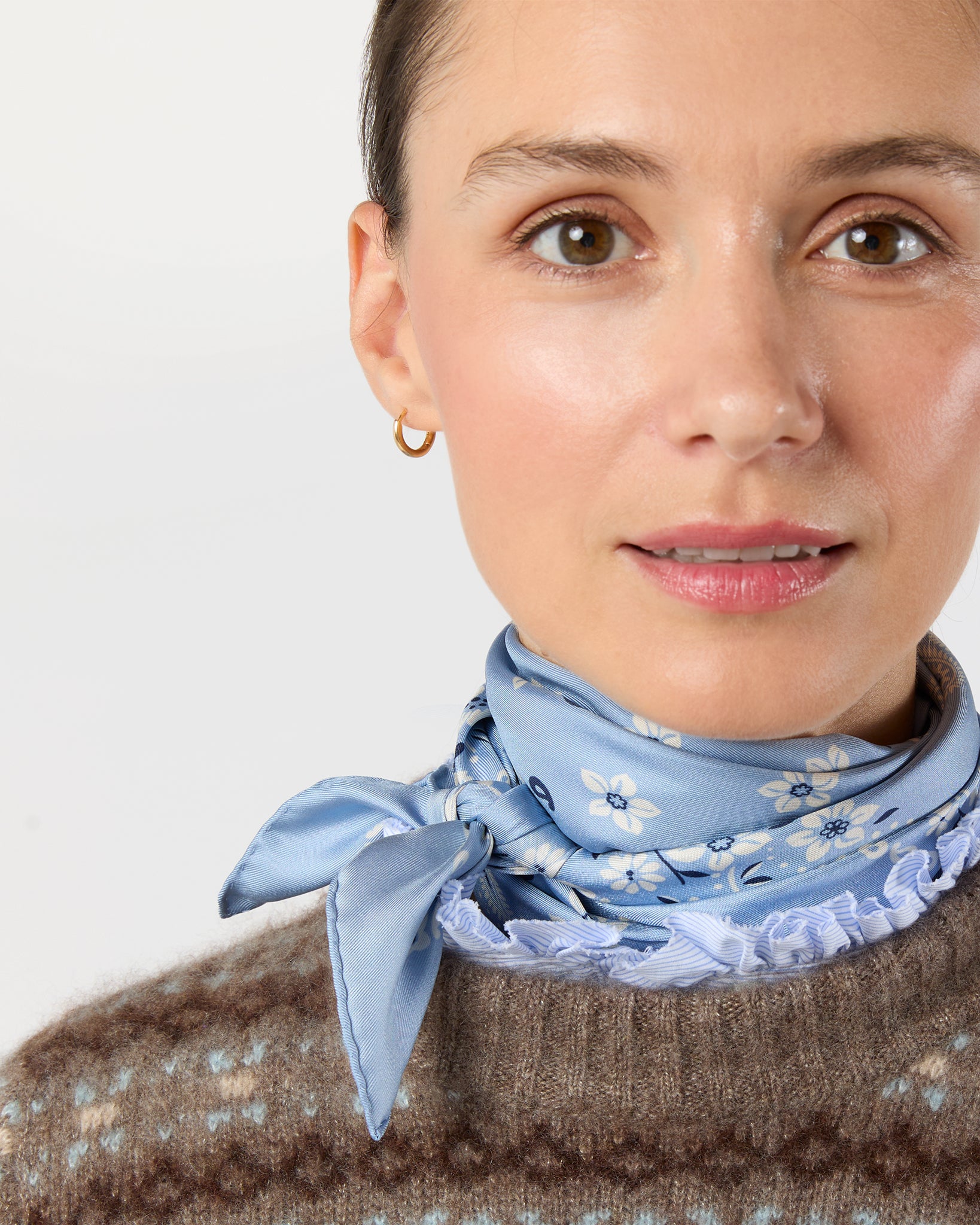 Medium Hand-Rolled Silk Scarf in Light Blue Floral Paisley