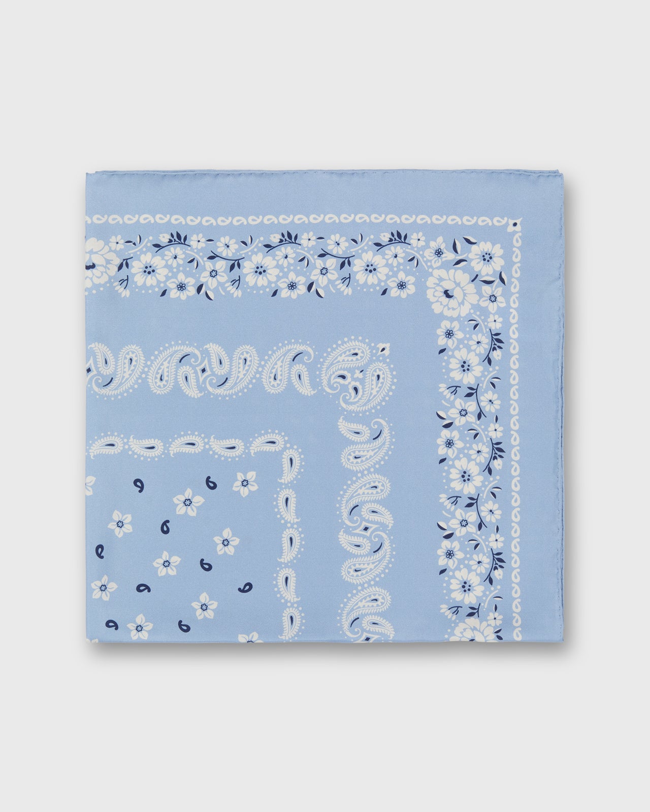 Medium Hand-Rolled Silk Scarf in Light Blue Floral Paisley