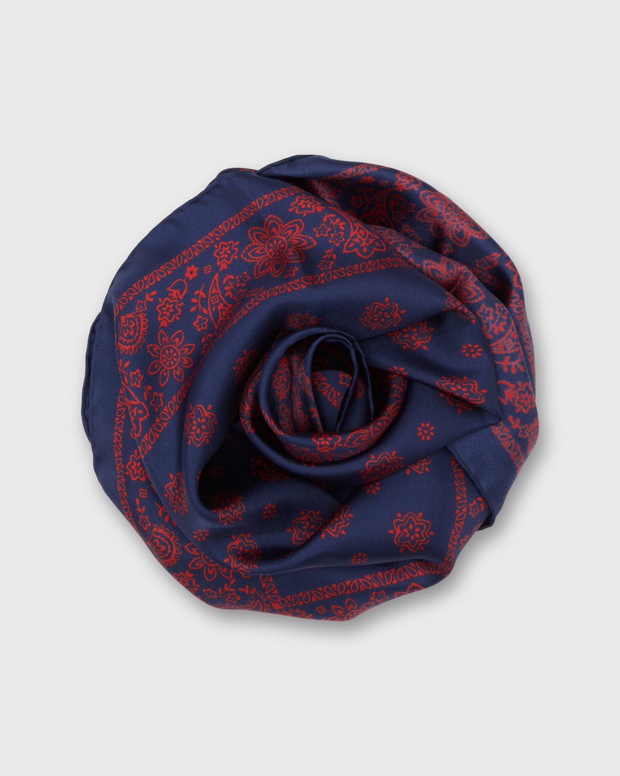 Medium Hand-Rolled Silk Scarf in Navy/Red Floral Paisley