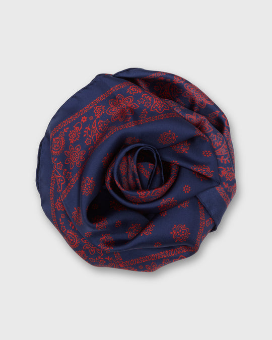 Medium Hand-Rolled Silk Scarf in Navy/Red Floral Paisley