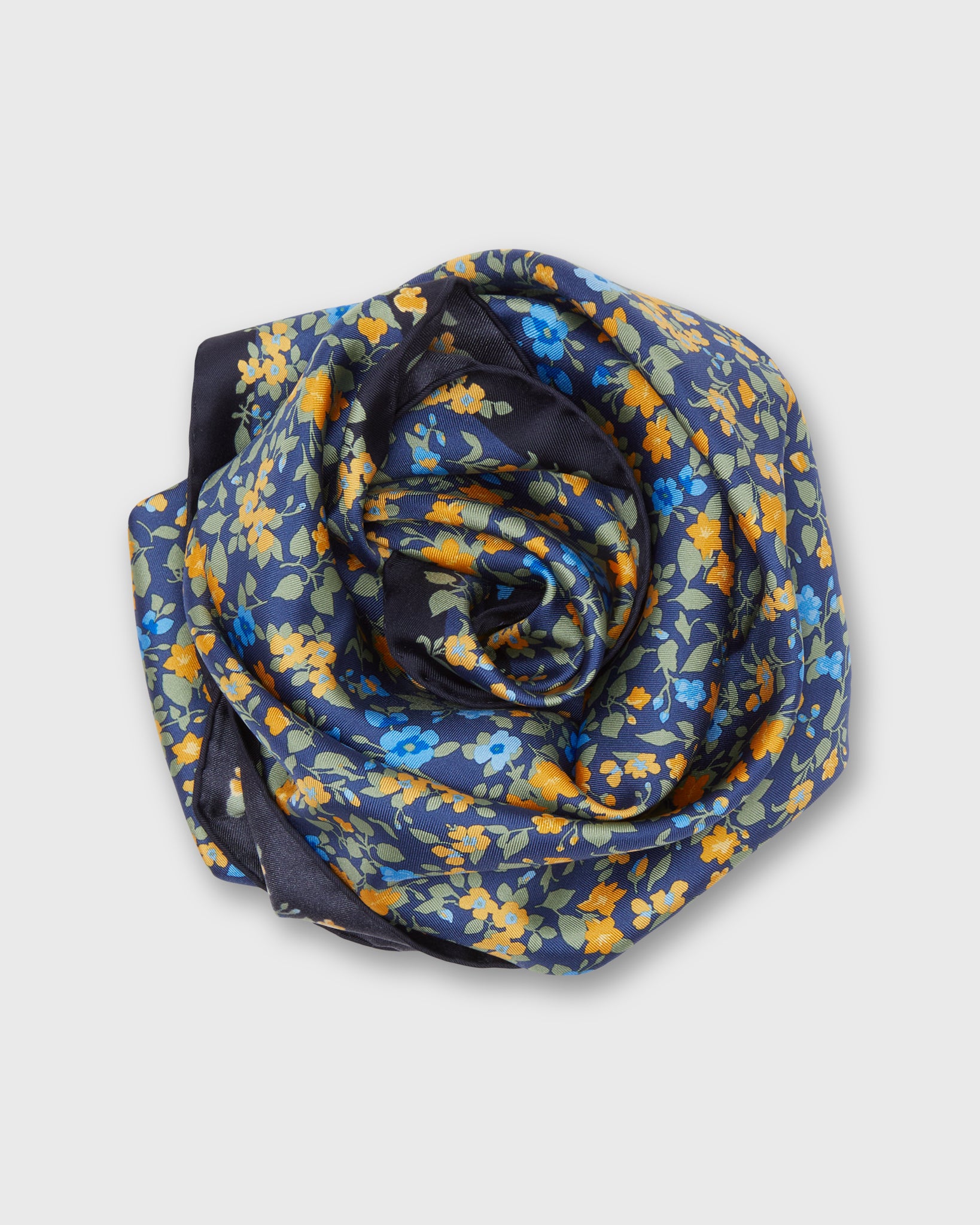 Medium Hand-Rolled Silk Scarf in Navy/Marigold/Sage Floral
