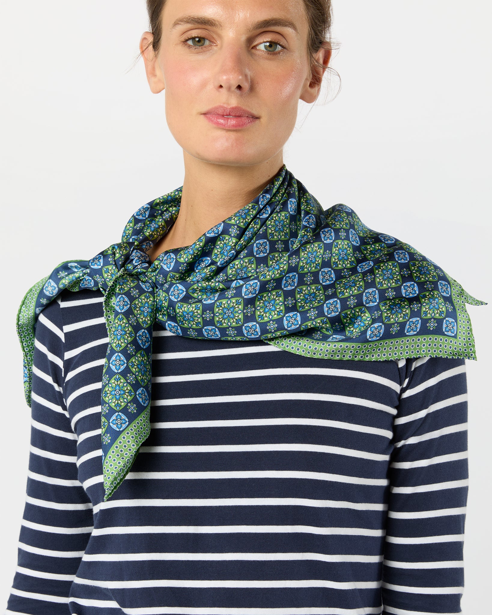 Large Hand-Rolled Scarf in Blue/Green Flower Tile