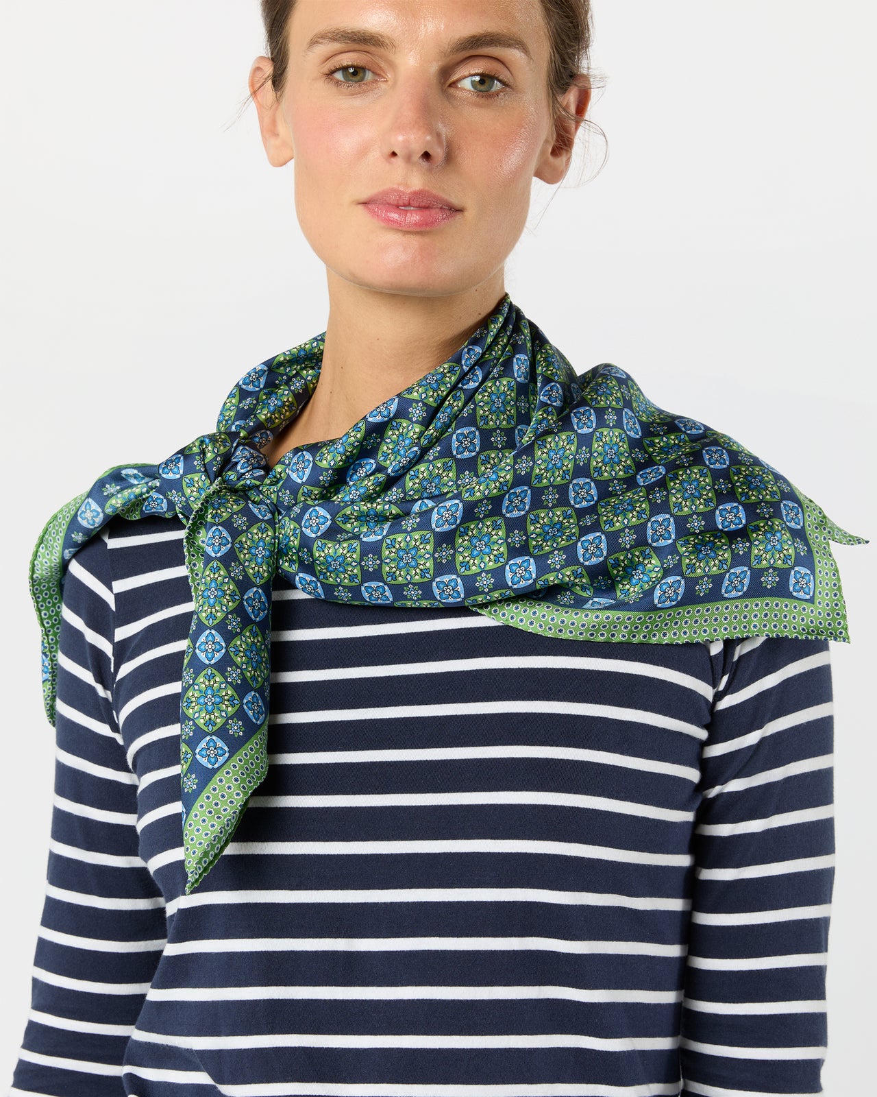 Large Hand-Rolled Scarf in Blue/Green Flower Tile