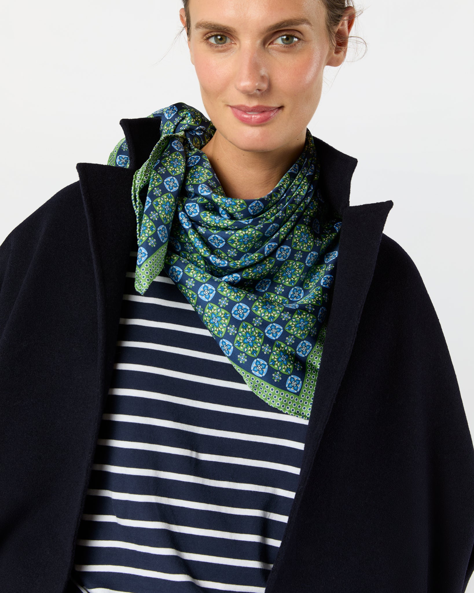 Large Hand-Rolled Scarf in Blue/Green Flower Tile