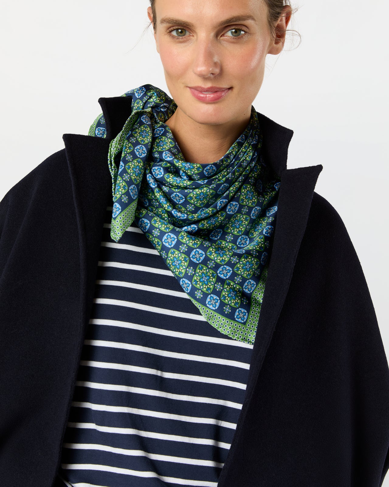 Large Hand-Rolled Scarf in Blue/Green Flower Tile