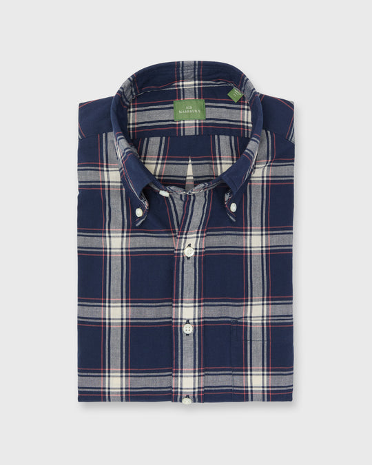 Button-Down Sport Shirt in Navy/Bone/Coral Madras