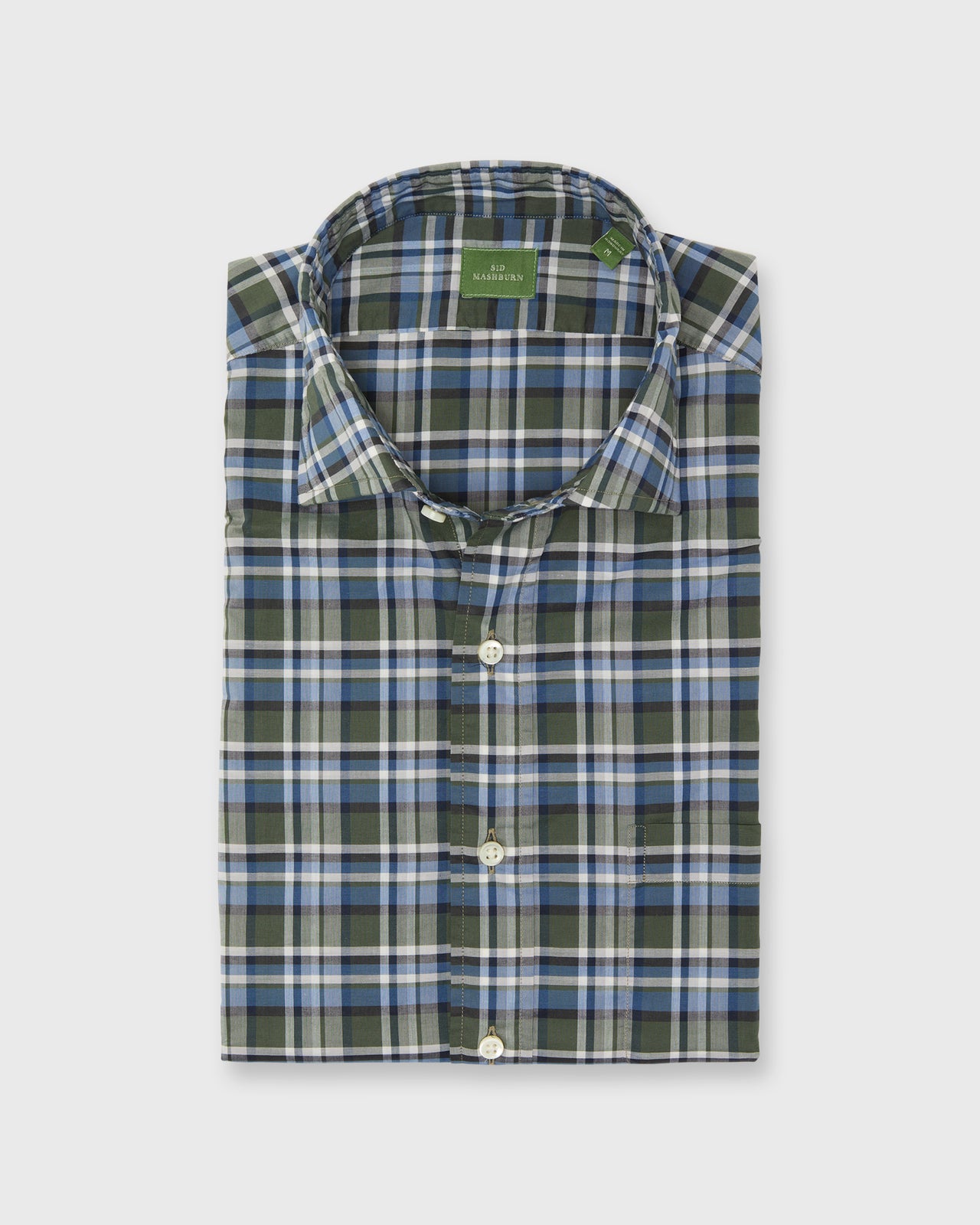 Spread Collar Sport Shirt in Green/Sky/Navy Plaid Poplin