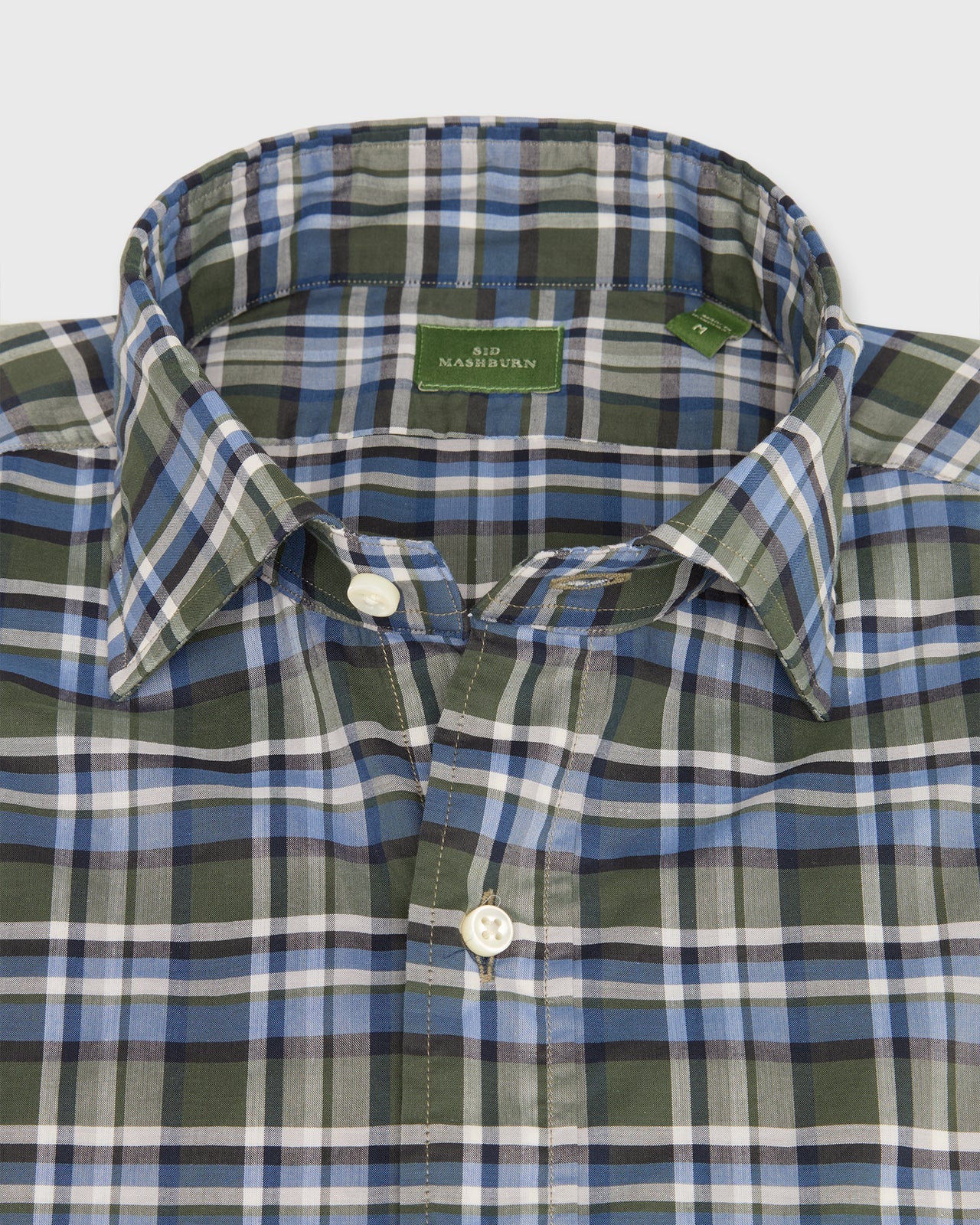 Spread Collar Sport Shirt in Green/Sky/Navy Plaid Poplin