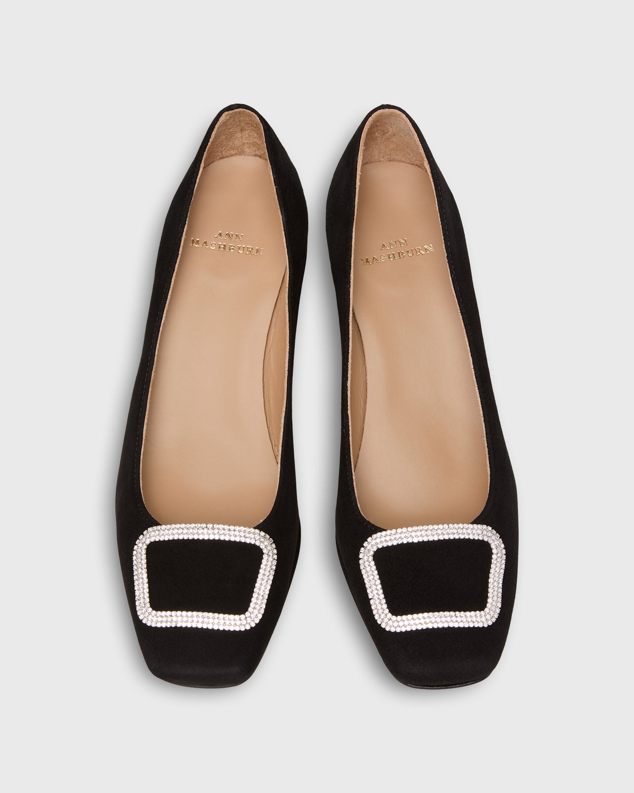 Embellished Buckle Heel in Black Suede