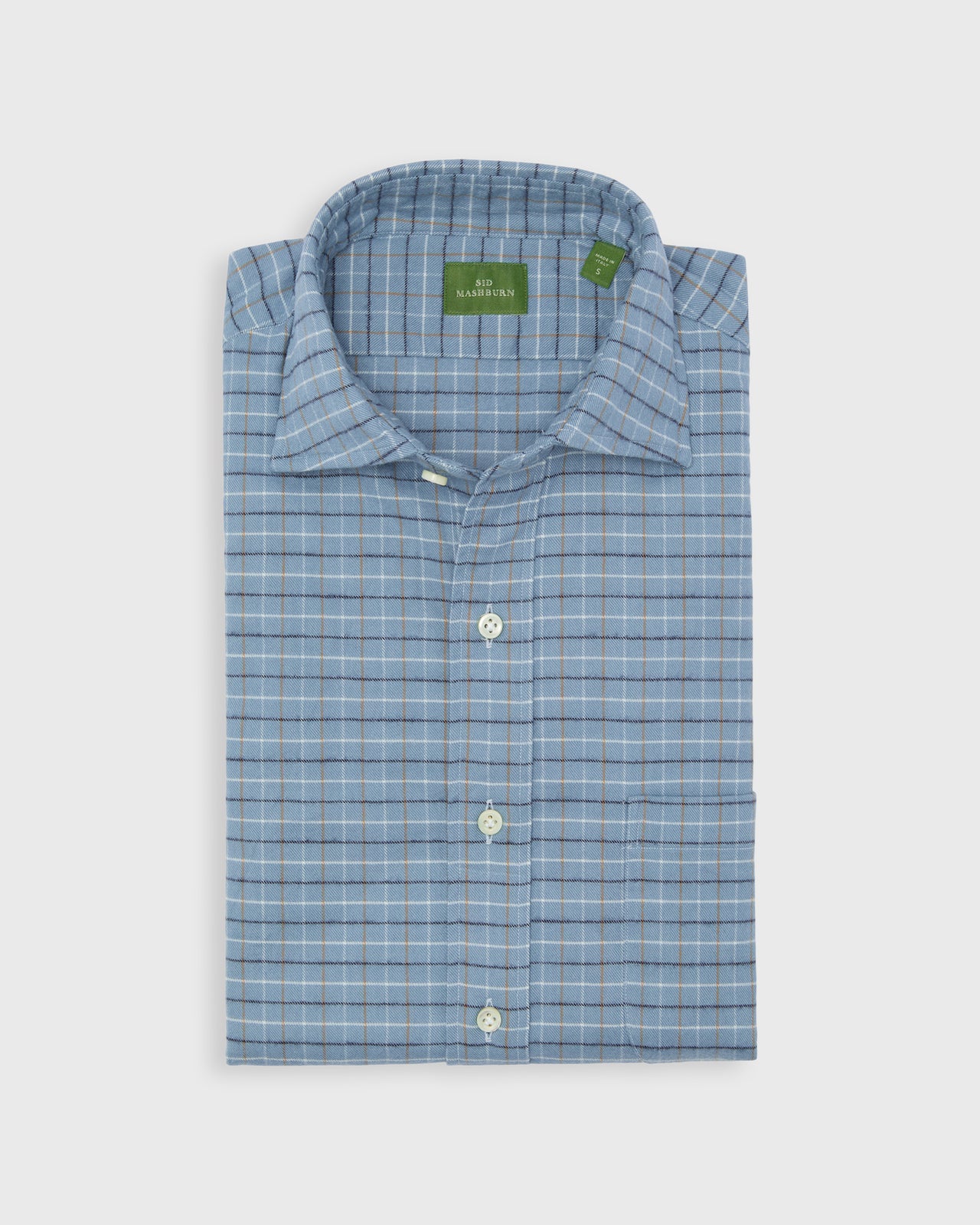 Spread Collar Sport Shirt in Blue/Khaki/Navy Tattersall Flannel