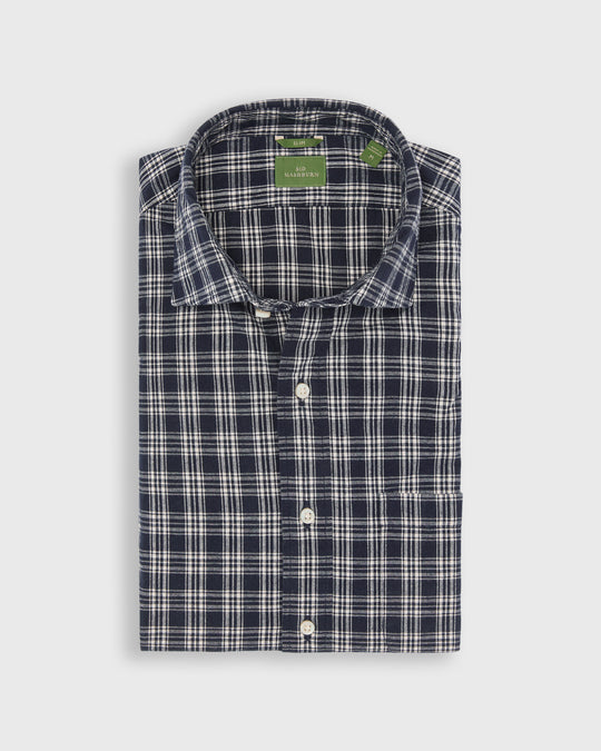 Slim-Fit Spread Collar Sport Shirt in Navy/White Plaid Brushed Plainweave
