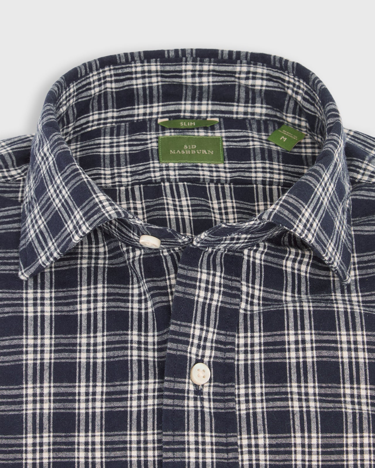 Slim-Fit Spread Collar Sport Shirt in Navy/White Plaid Brushed Plainweave