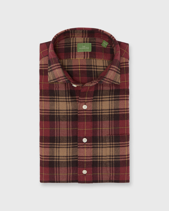Spread Collar Sport Shirt in Red/Brown/Yellow Plaid Flannel