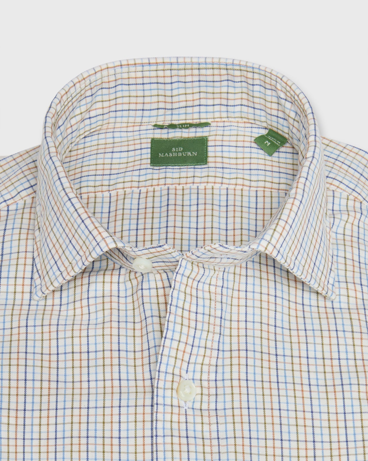 Slim-Fit Spread Collar Sport Shirt in Olive/Ochre/Blue Tattersall Twill
