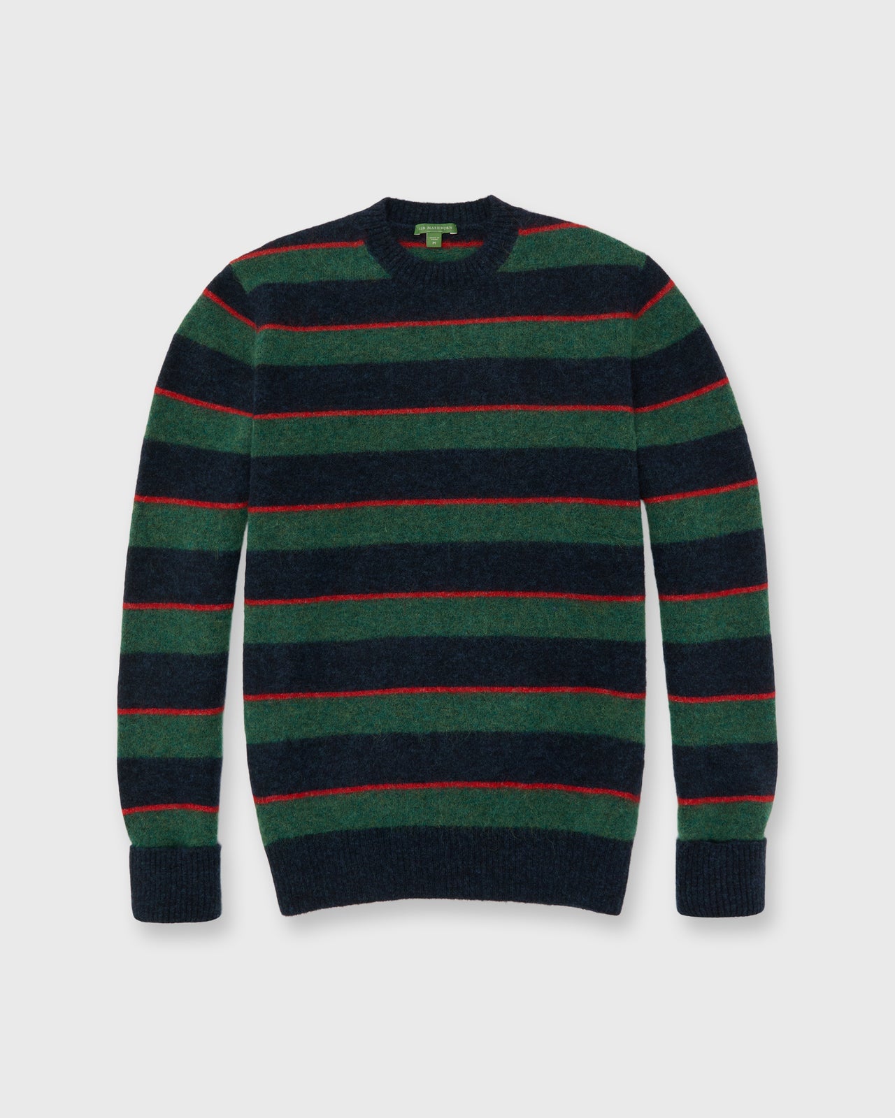 Crewneck Sweater in Green/Red/Navy Stripe Brushed Alpaca
