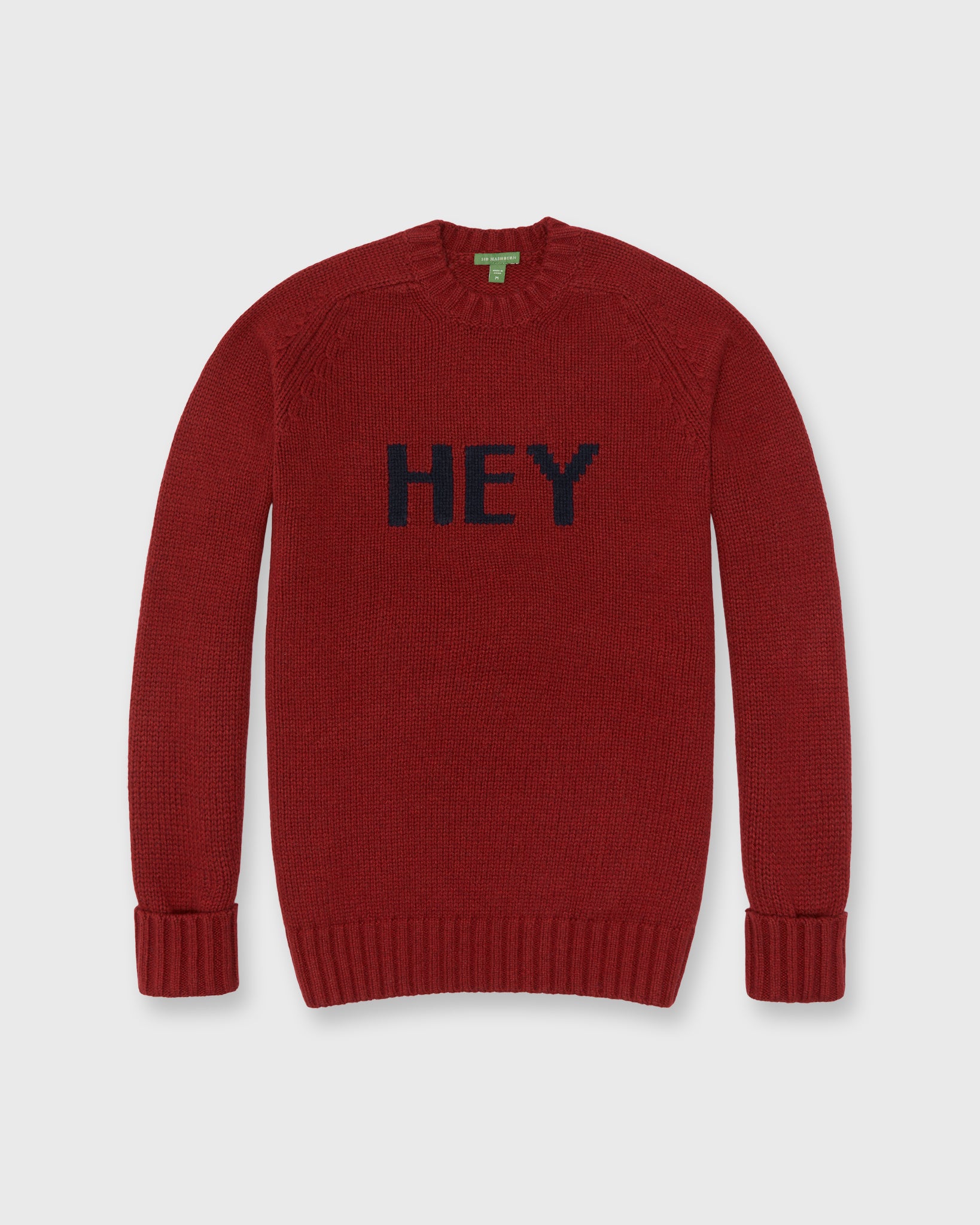 High Crewneck Hey Intarsia Sweater in Red/Navy Wool/Cotton