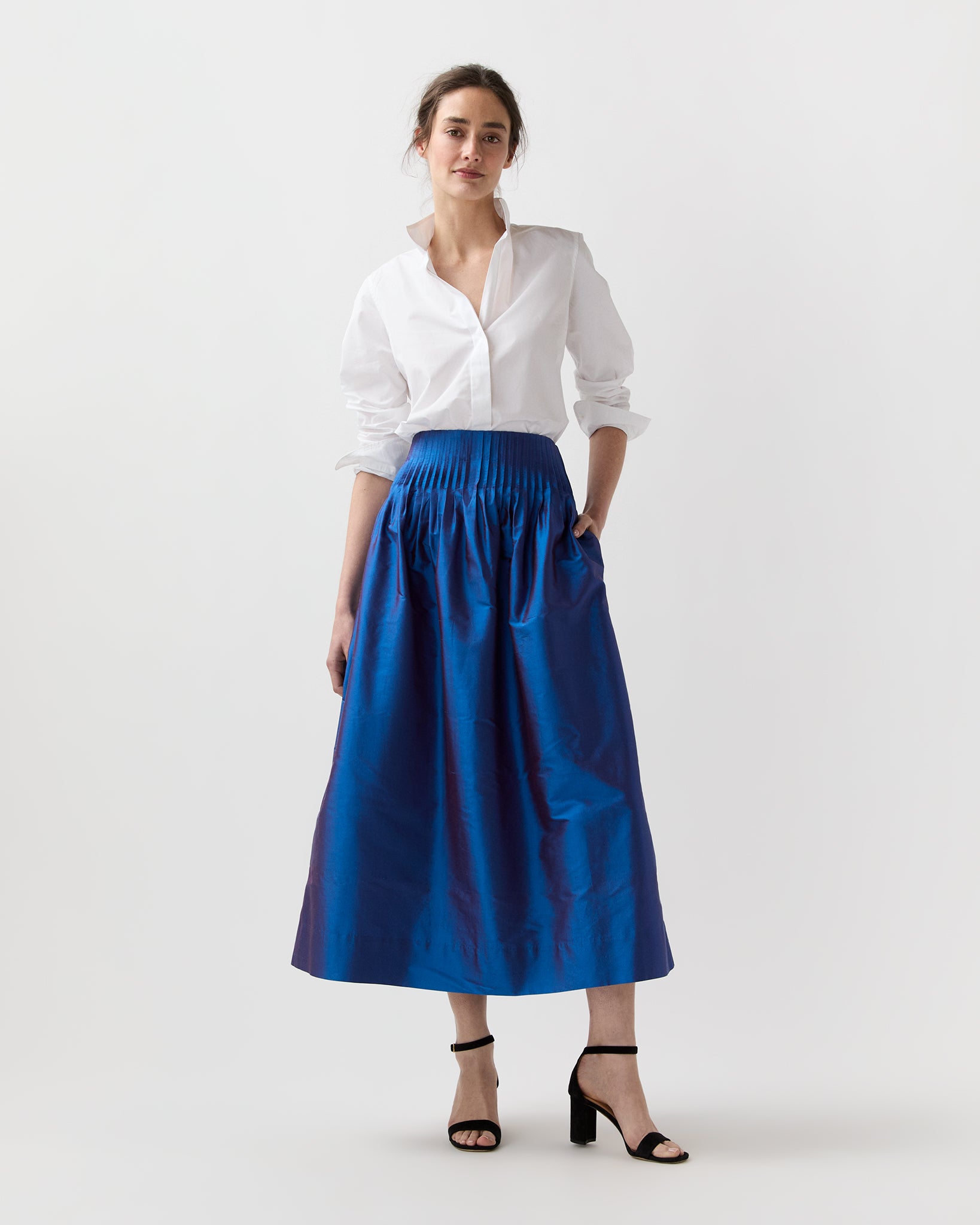 Adah Pintuck Skirt in Wave Iridescent Silk Shantung | Shop Ann