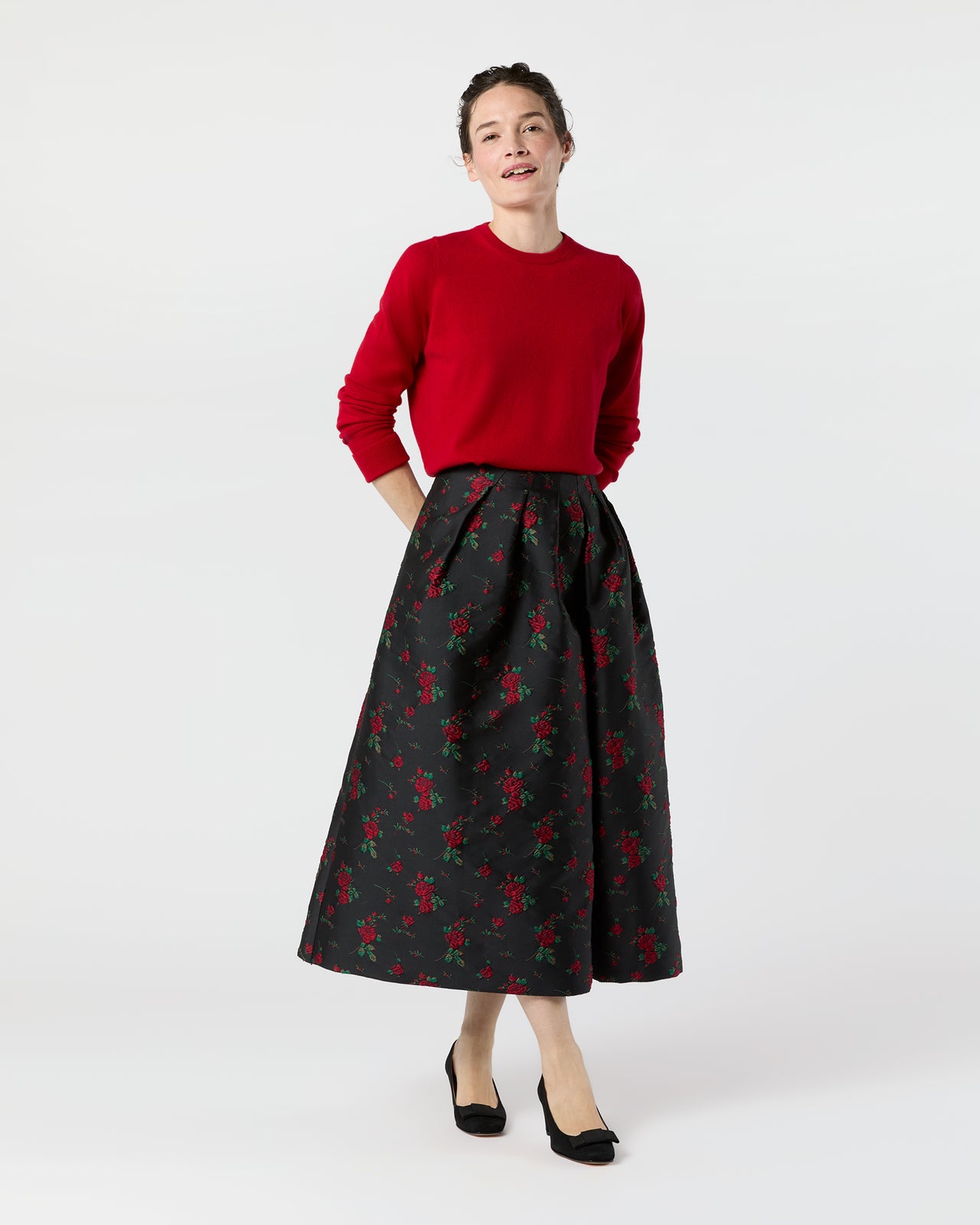 Cossie Midi Skirt in Black/Red Rose Matelassé