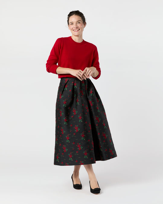 Cossie Midi Skirt in Black/Red Rose Matelassé