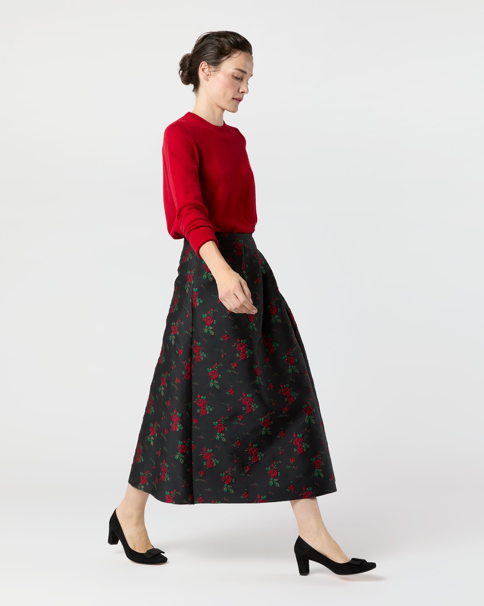 Cossie Midi Skirt in Black/Red Rose Matelassé