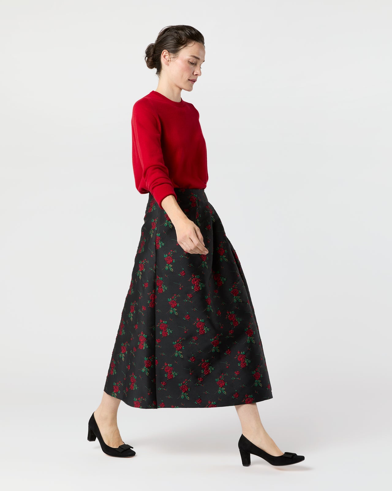 Cossie Midi Skirt in Black/Red Rose Matelassé