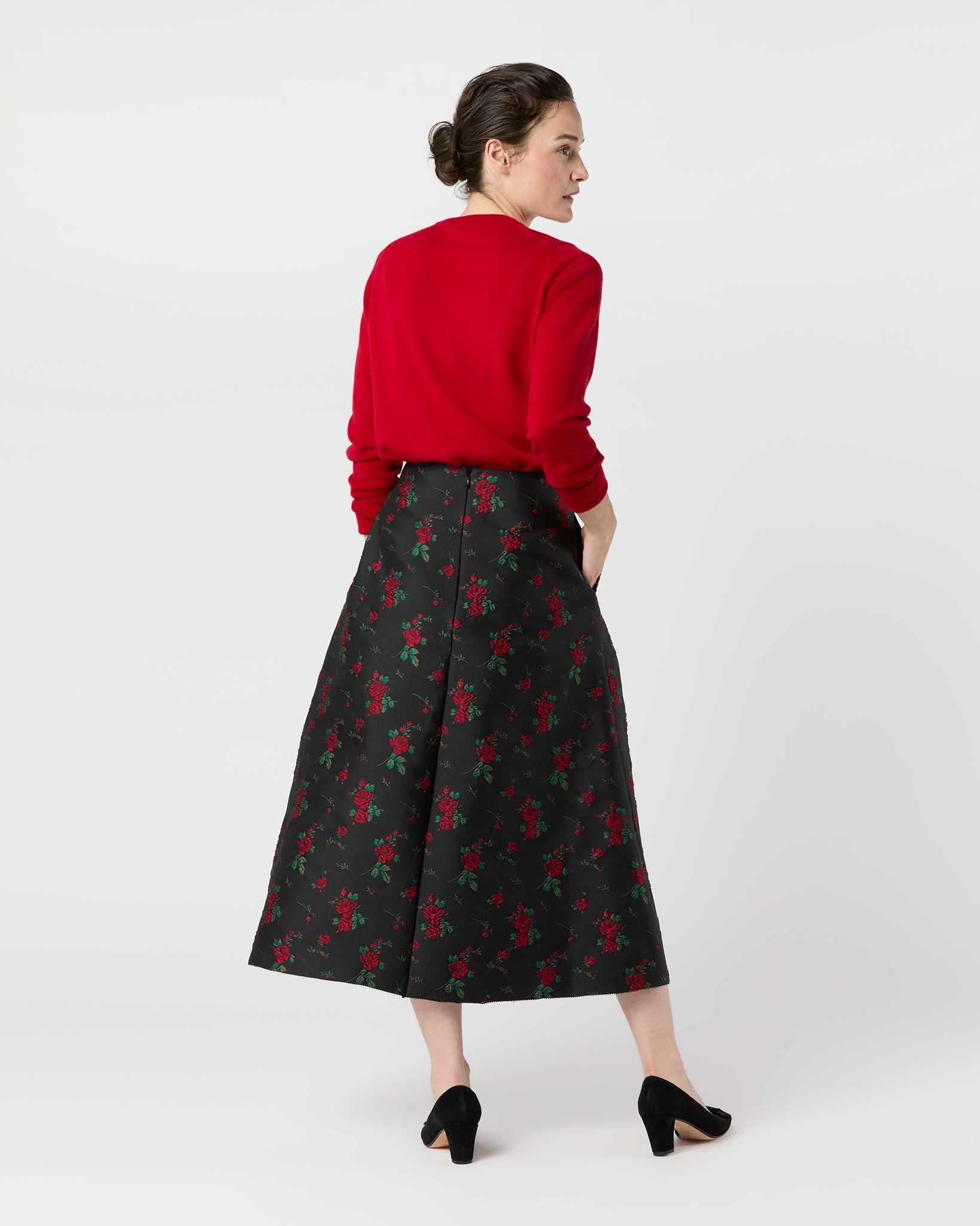 Cossie Midi Skirt in Black/Red Rose Matelassé