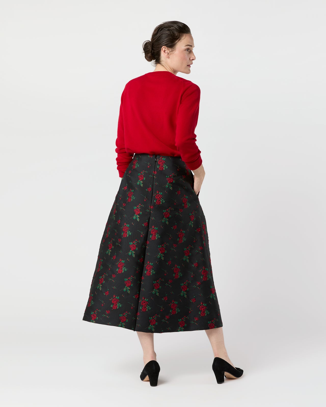 Cossie Midi Skirt in Black/Red Rose Matelassé