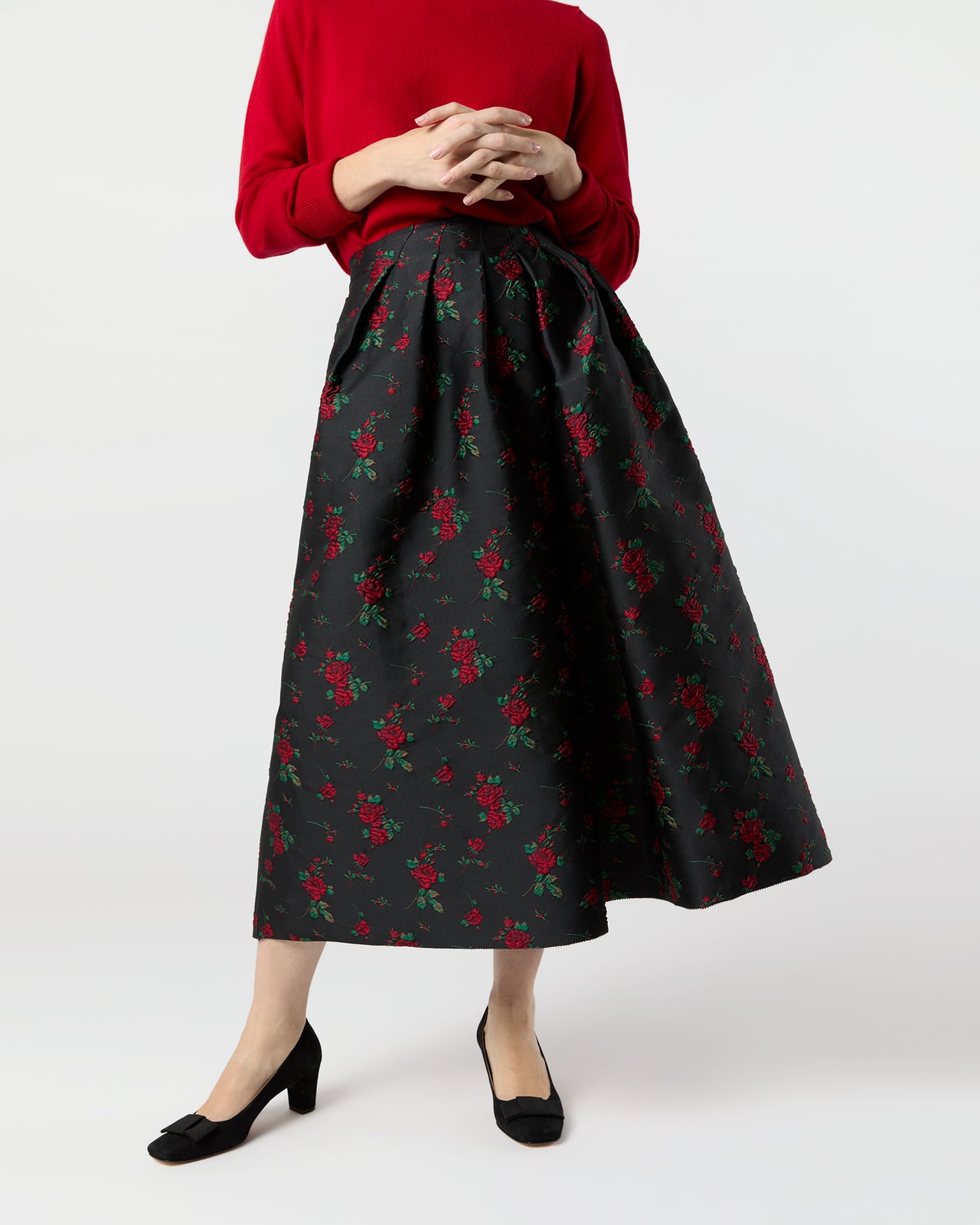 Cossie Midi Skirt in Black/Red Rose Matelassé