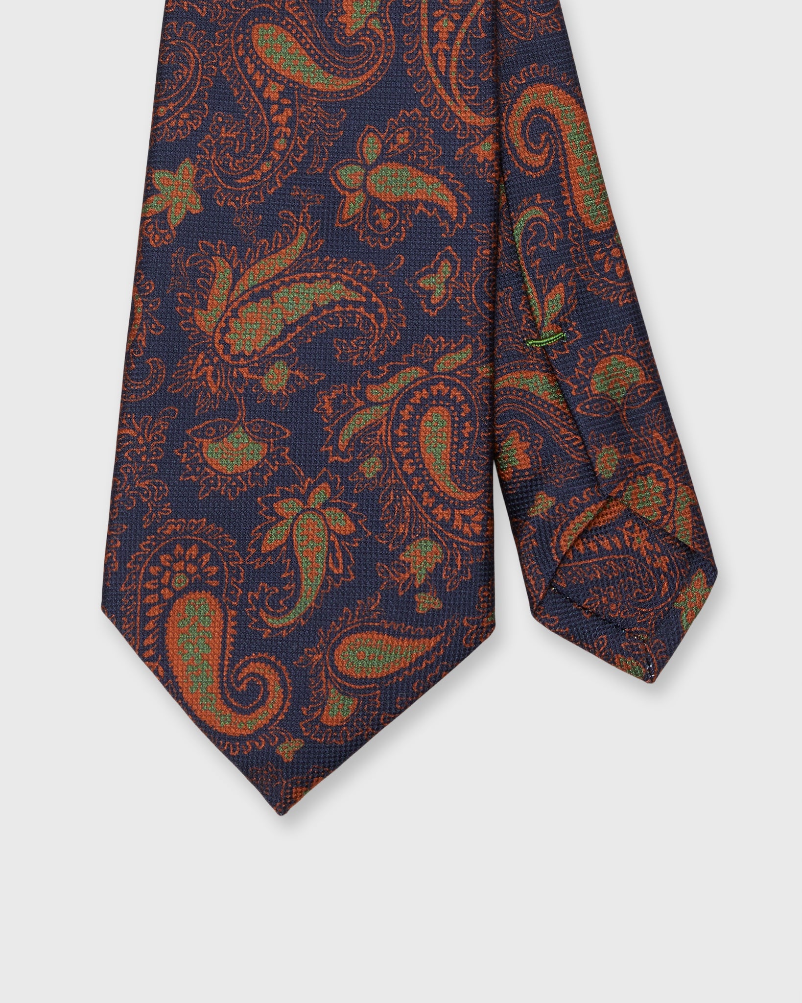 Silk Print Tie in Navy/Orange/Olive Large Paisley