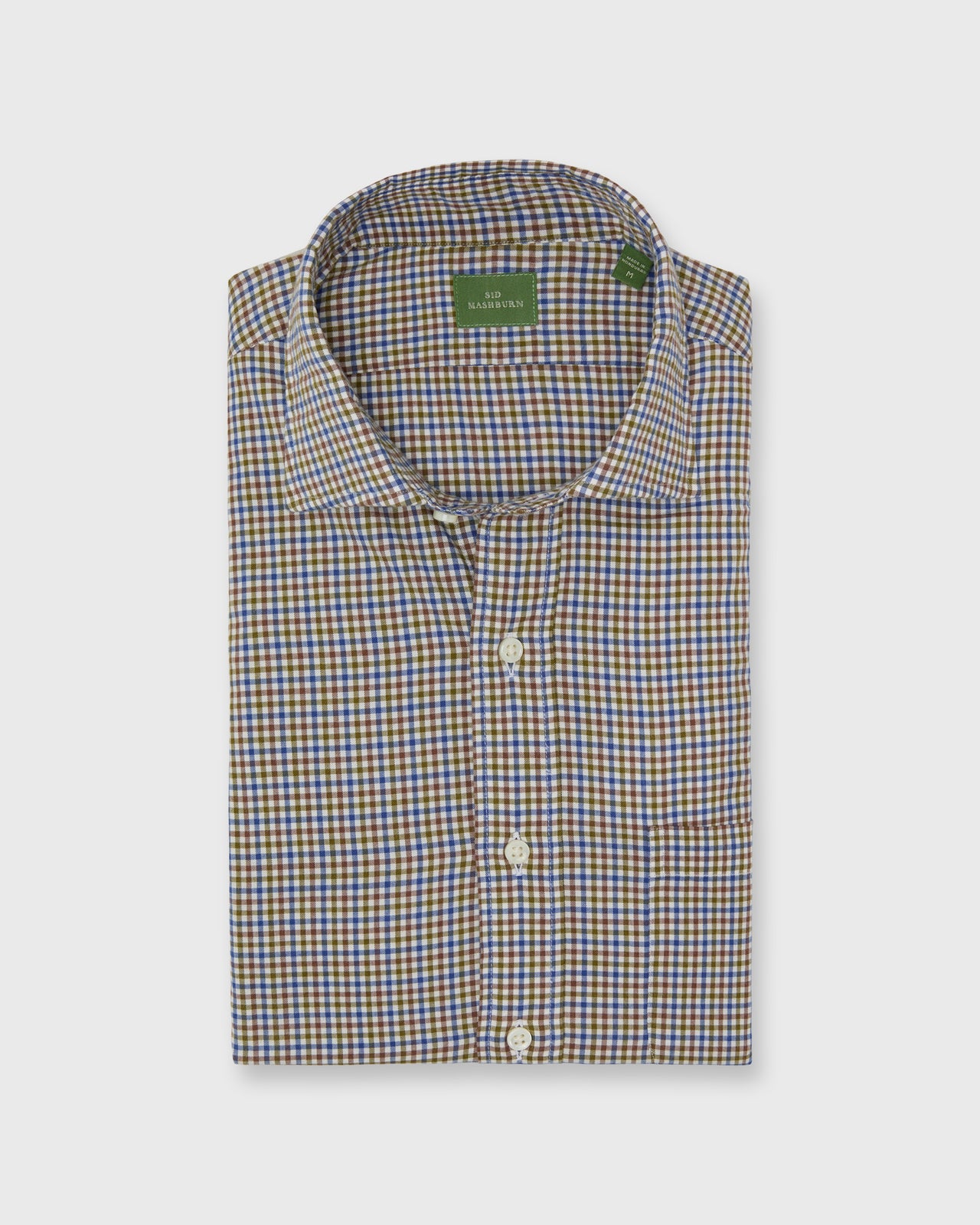 Spread Collar Sport Shirt in Blue/Olive/Brown Tattersall Brushed Twill