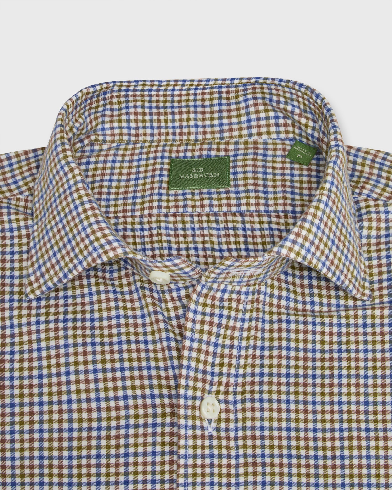 Spread Collar Sport Shirt in Blue/Olive/Brown Tattersall Brushed Twill