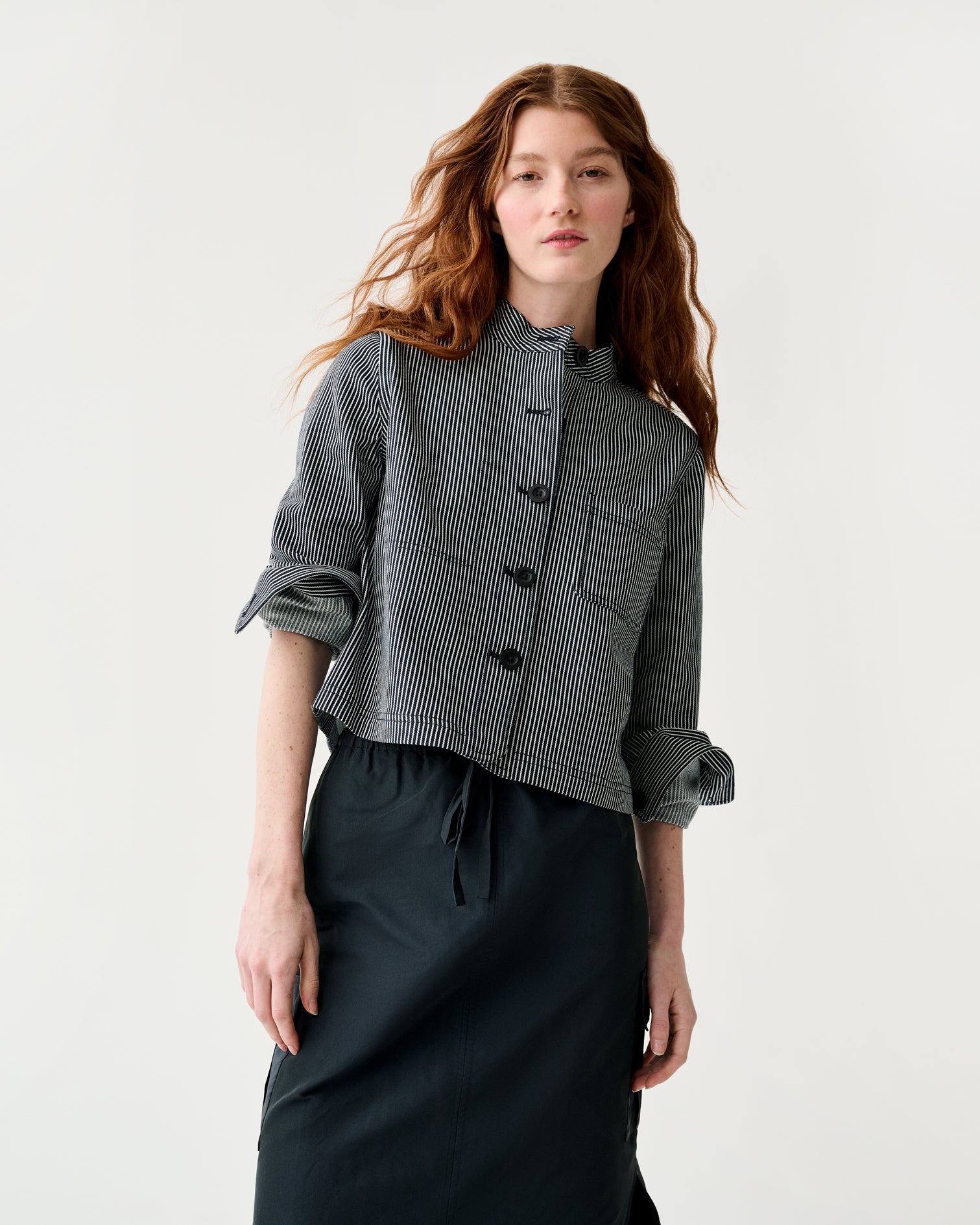 Short Chore Jacket in Indigo Railroad Stripe Denim | Shop Ann Mashburn