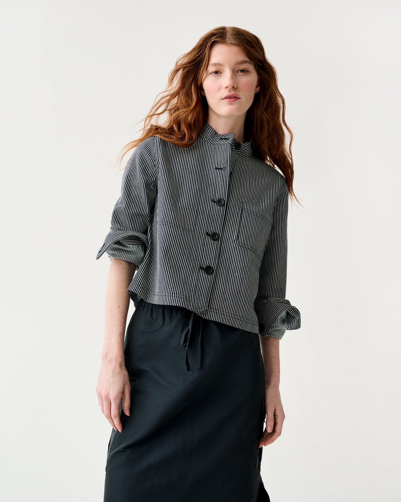 Short Chore Jacket in Indigo Railroad Stripe Denim