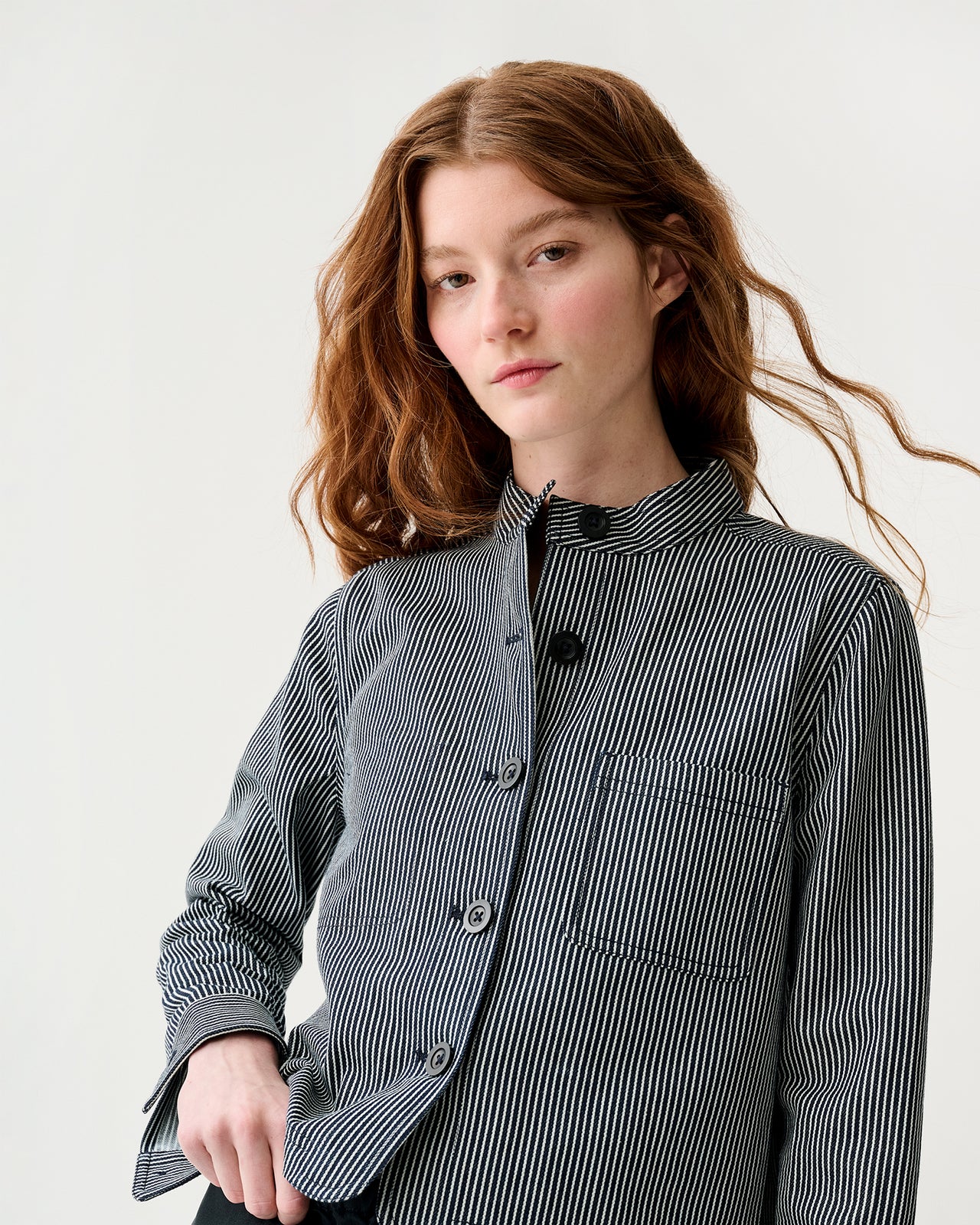 Short Chore Jacket in Indigo Railroad Stripe Denim | Shop Ann Mashburn