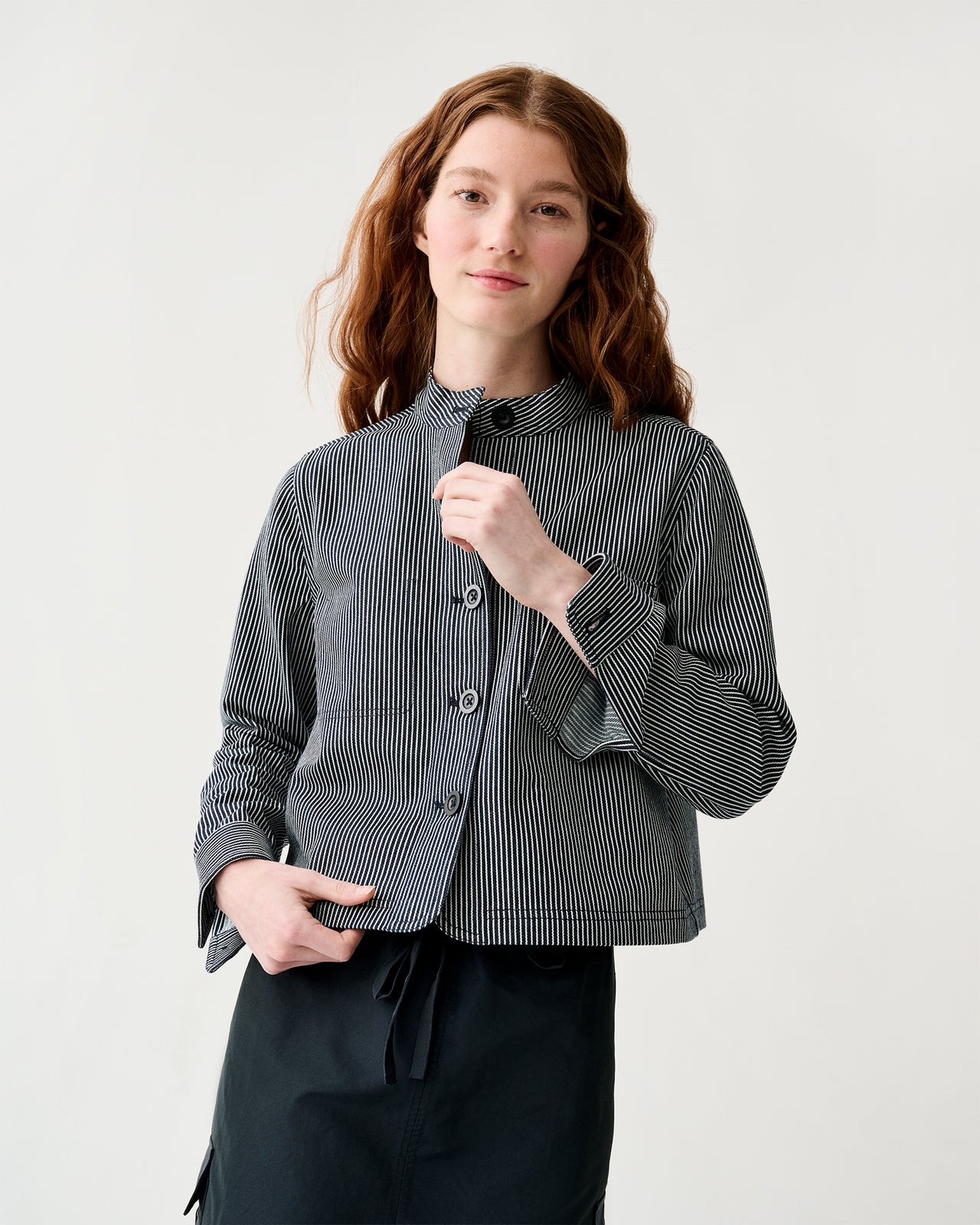 Short Chore Jacket in Indigo Railroad Stripe Denim