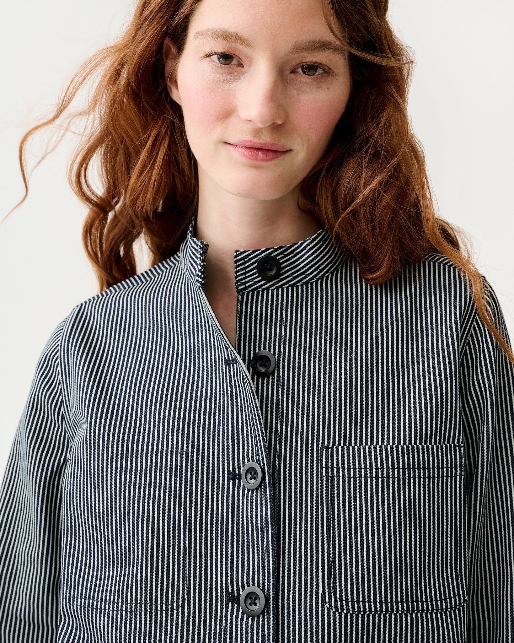 Short Chore Jacket in Indigo Railroad Stripe Denim | Shop Ann Mashburn Short Chore Jacket in Indigo Railroad Stripe Denim | Shop Ann Mashburn