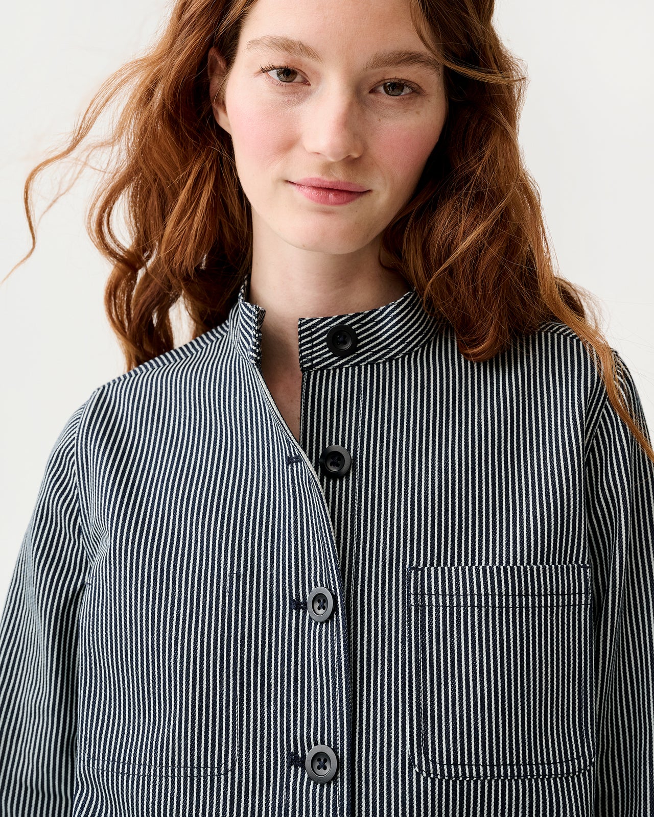 Short Chore Jacket in Indigo Railroad Stripe Denim | Shop Ann Mashburn