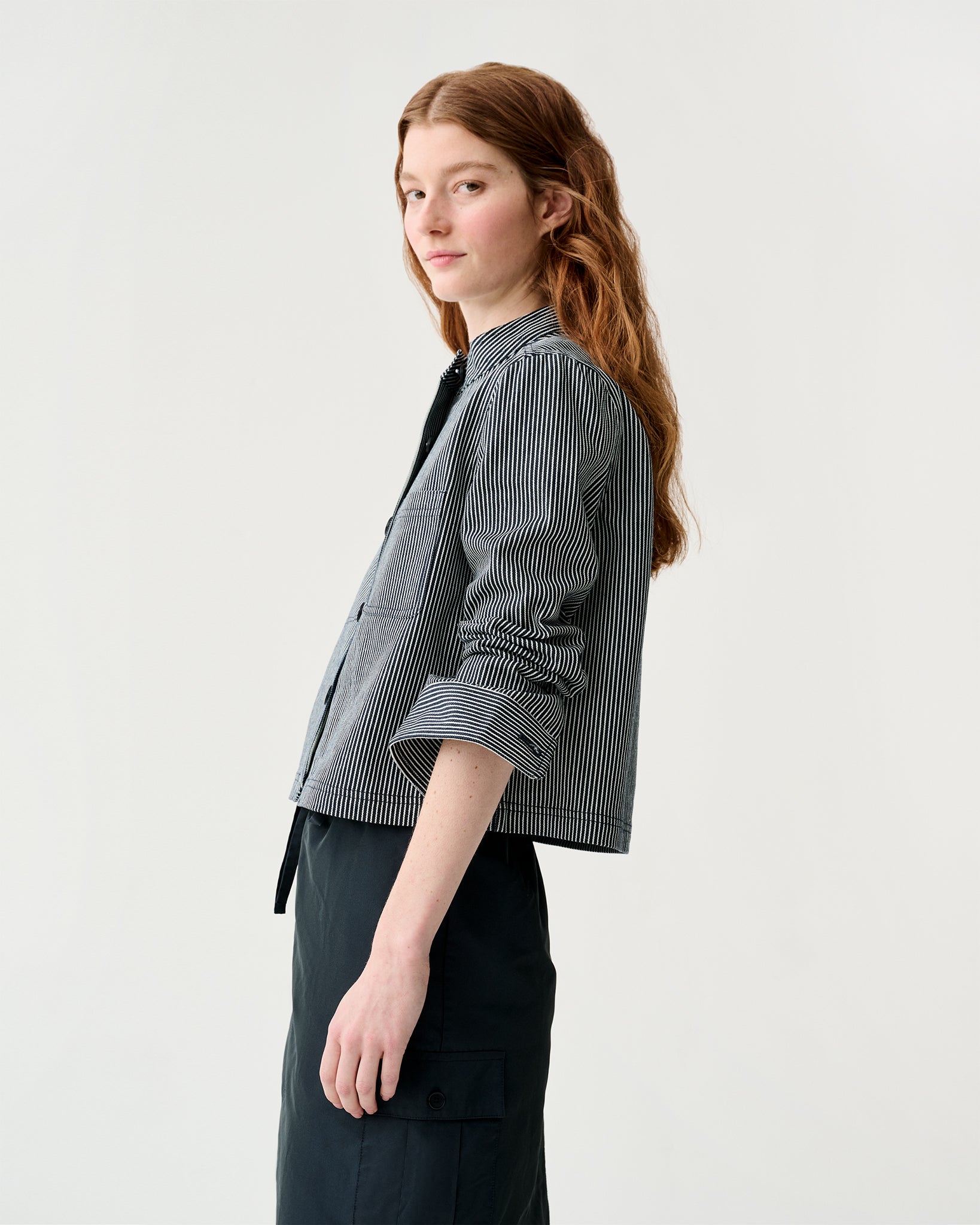 Short Chore Jacket in Indigo Railroad Stripe Denim | Shop Ann Mashburn