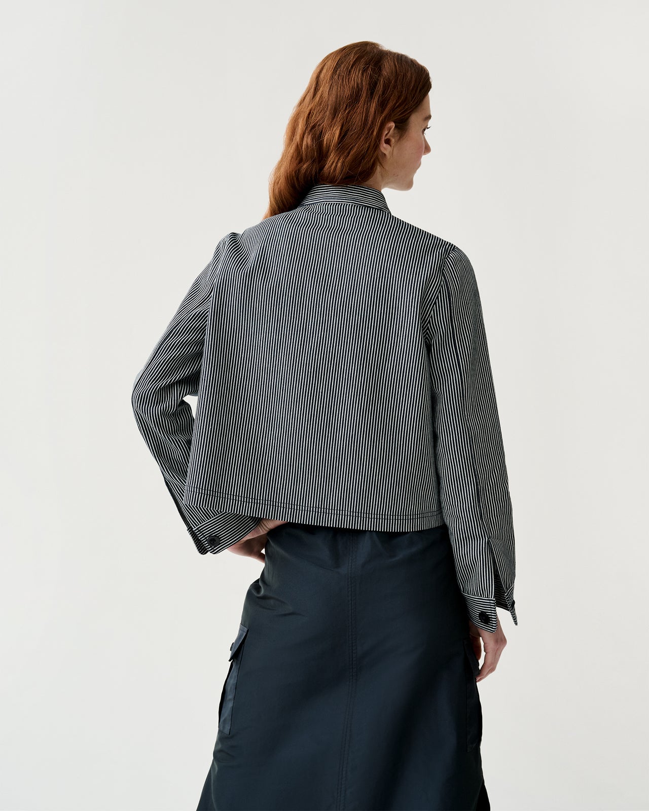 Short Chore Jacket in Indigo Railroad Stripe Denim