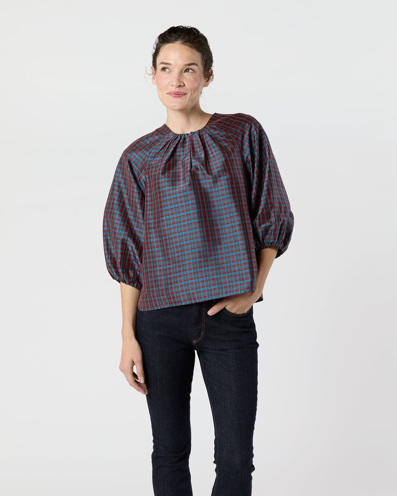 Savannah Top in Mini MacBeth Tartan Iridescent Silk Shantung
