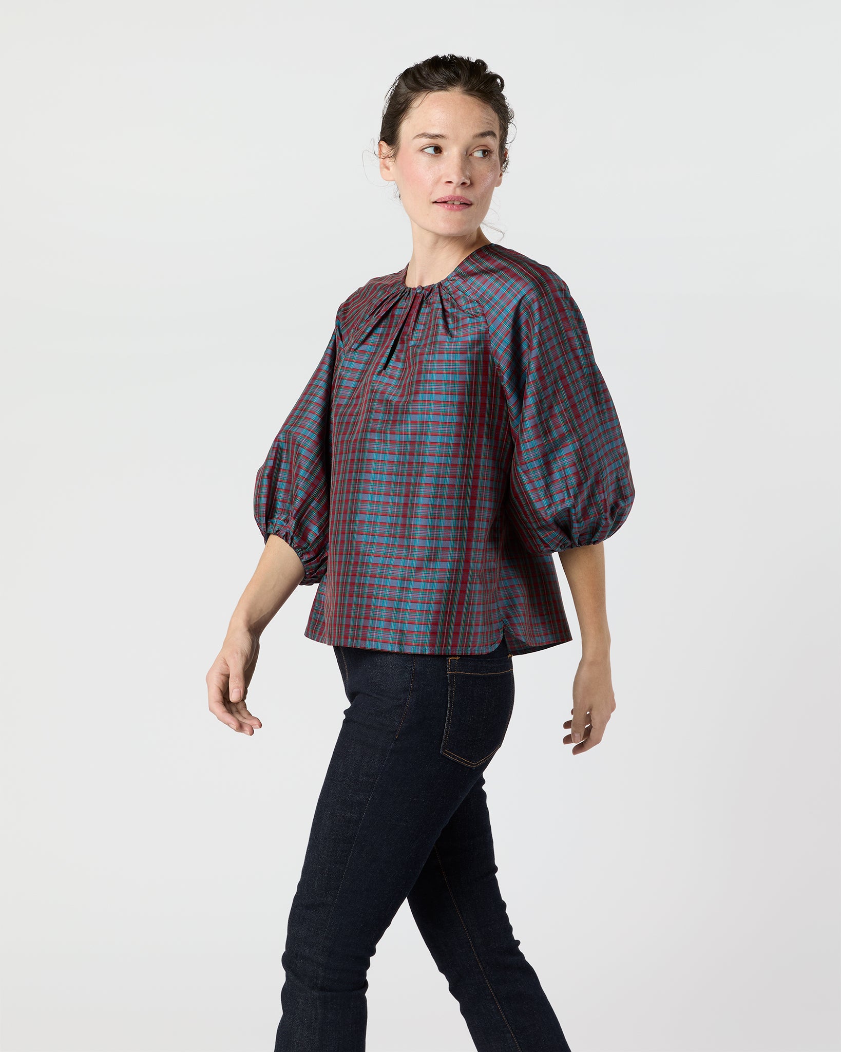Savannah Top in Mini MacBeth Tartan Iridescent Silk Shantung