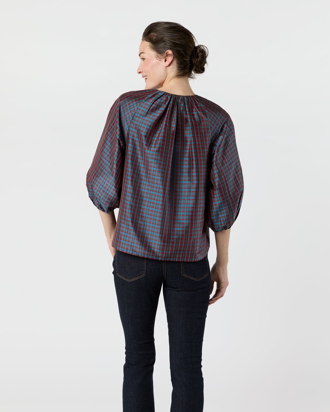 Savannah Top in Mini MacBeth Tartan Iridescent Silk Shantung
