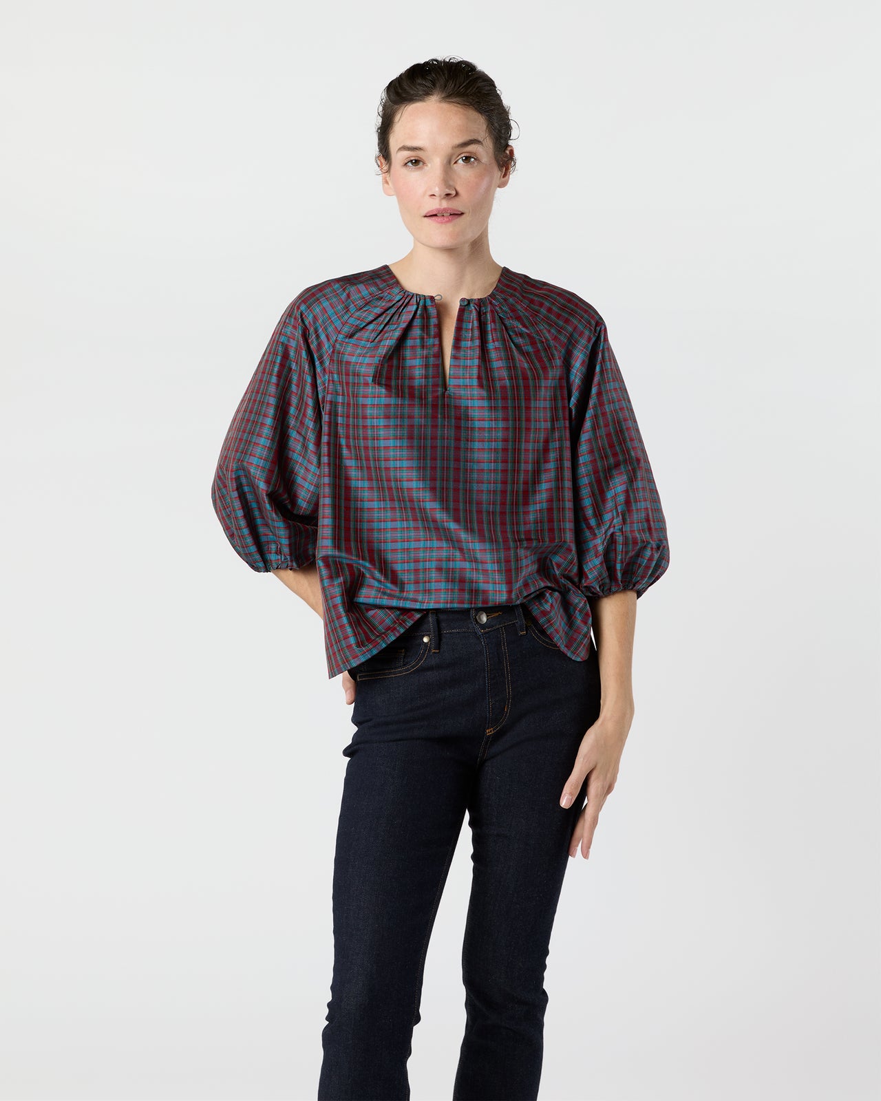 Savannah Top in Mini MacBeth Tartan Iridescent Silk Shantung