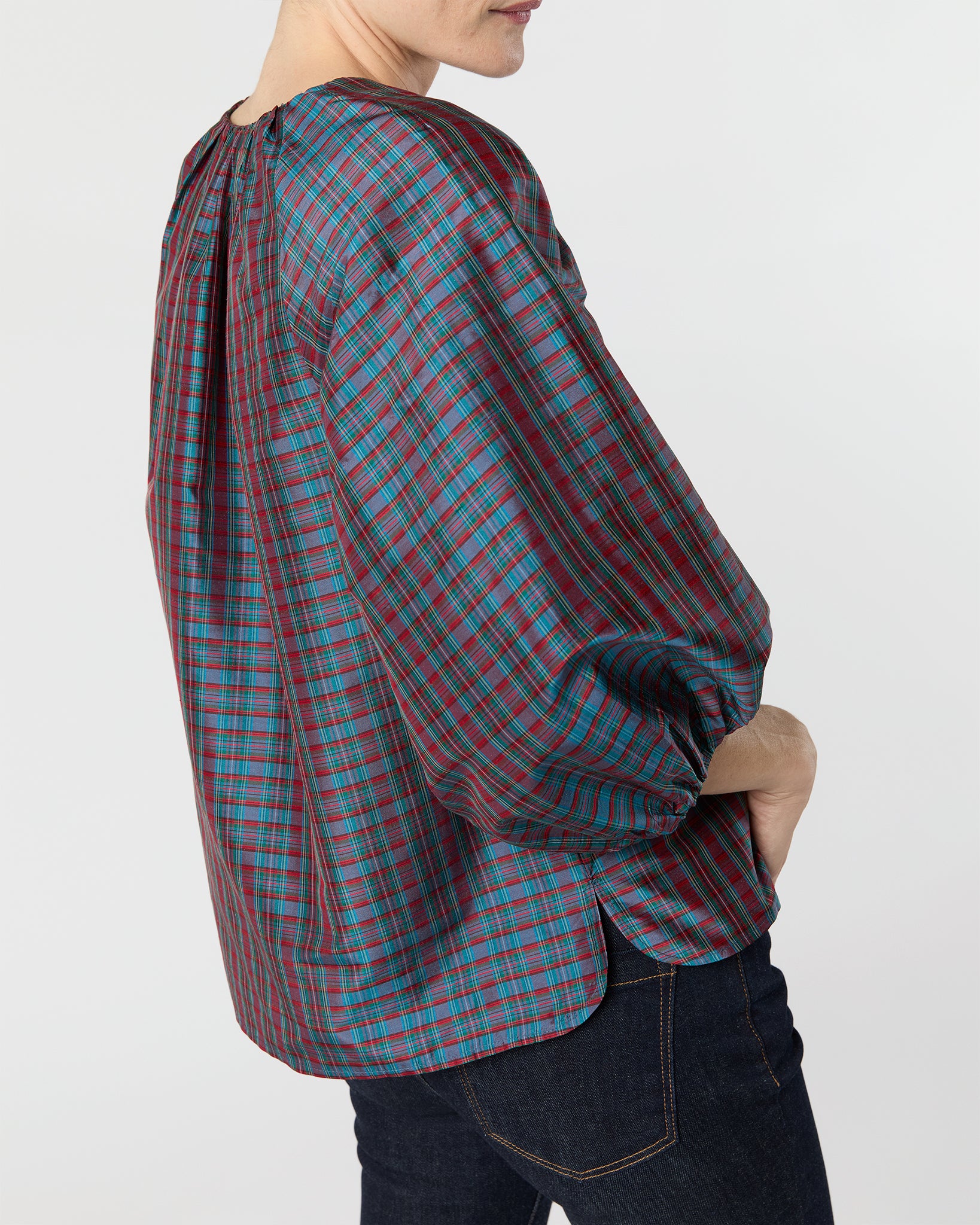 Savannah Top in Mini MacBeth Tartan Iridescent Silk Shantung