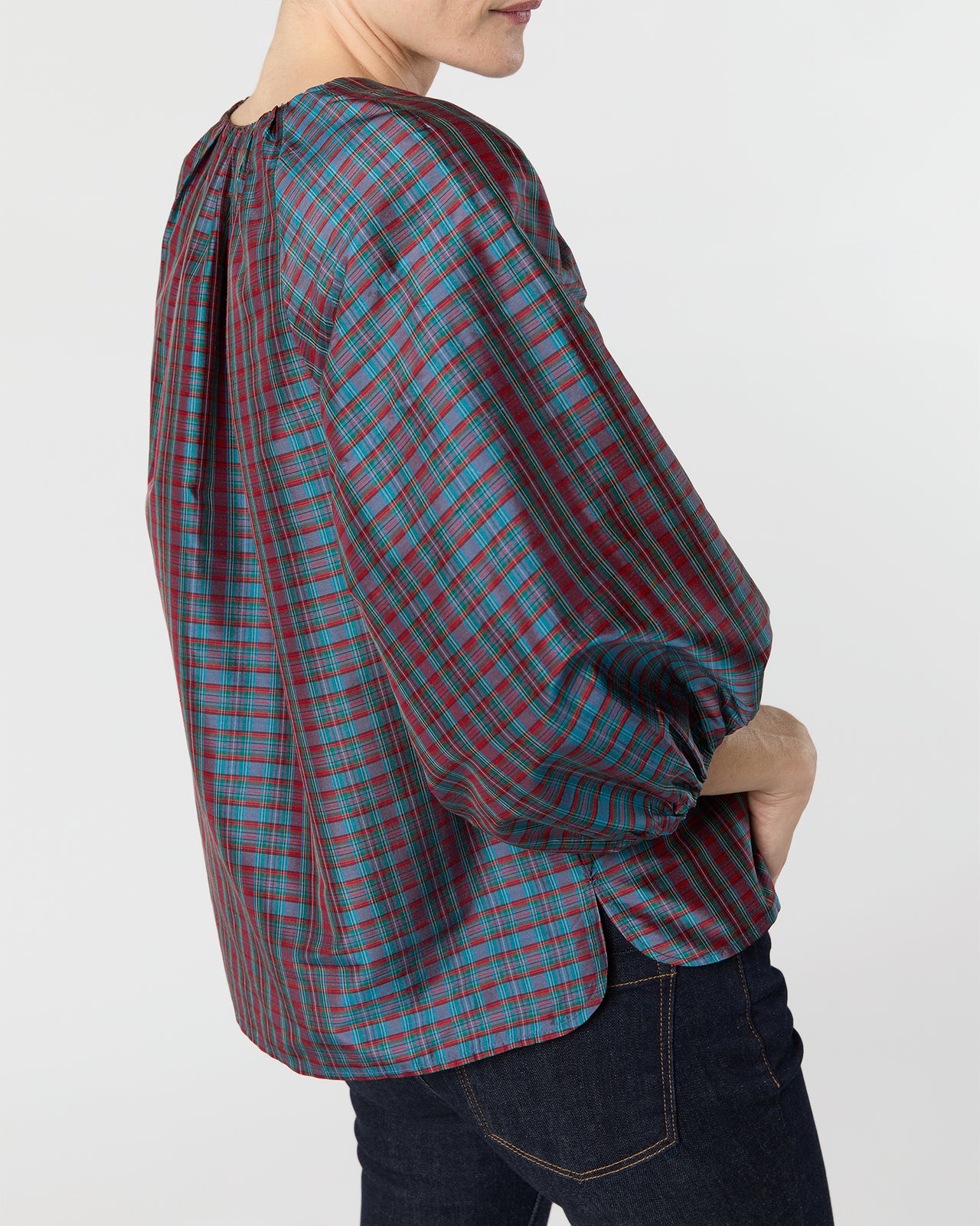 Savannah Top in Mini MacBeth Tartan Iridescent Silk Shantung