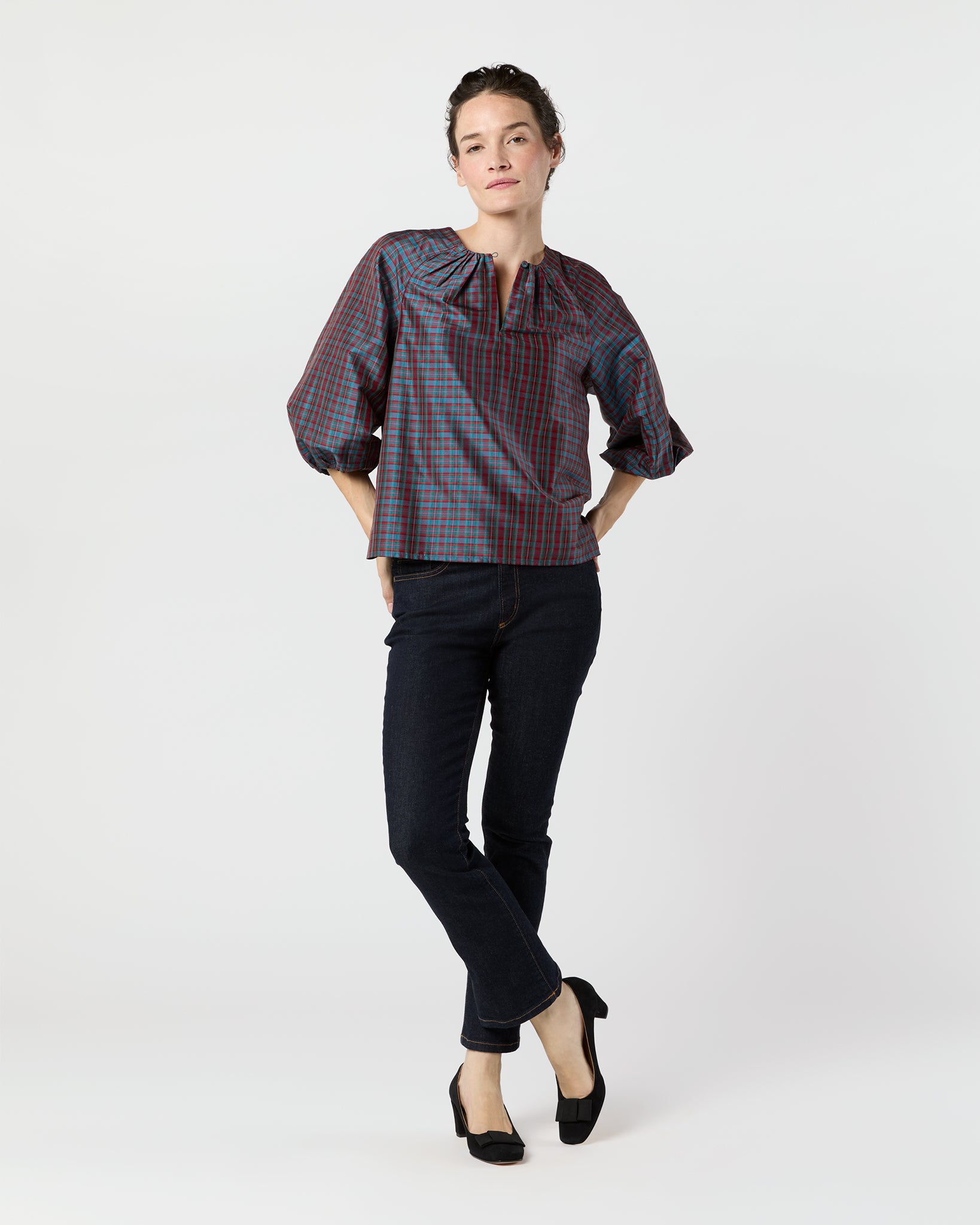 Savannah Top in Mini MacBeth Tartan Iridescent Silk Shantung