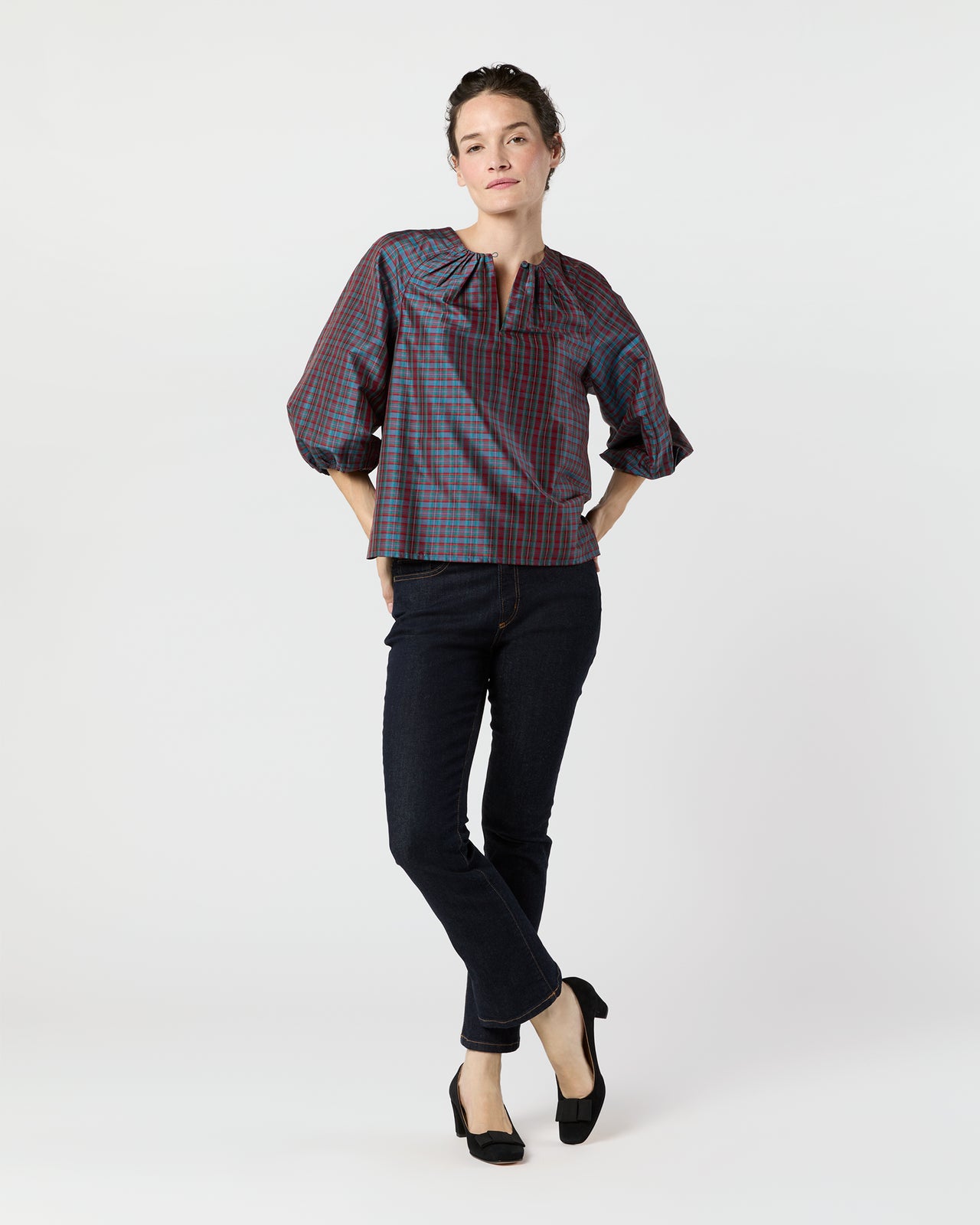 Savannah Top in Mini MacBeth Tartan Iridescent Silk Shantung