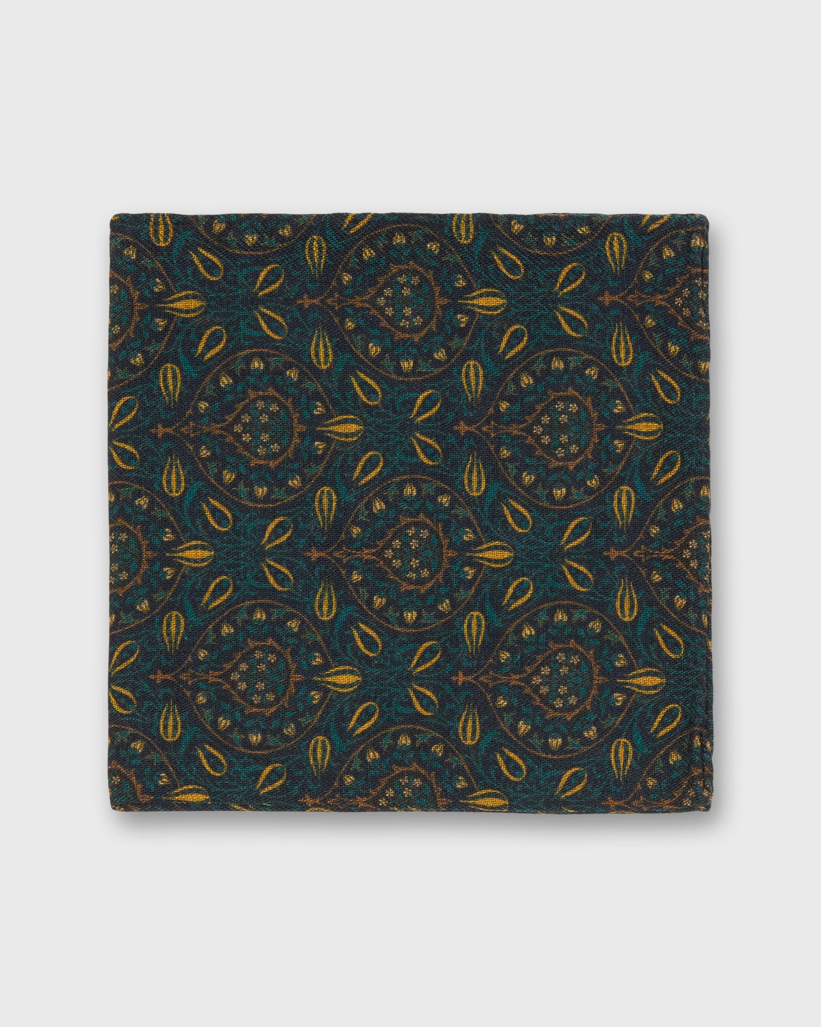 Wool/Silk Pocket Square in Green/Yellow/Tan Tapestry